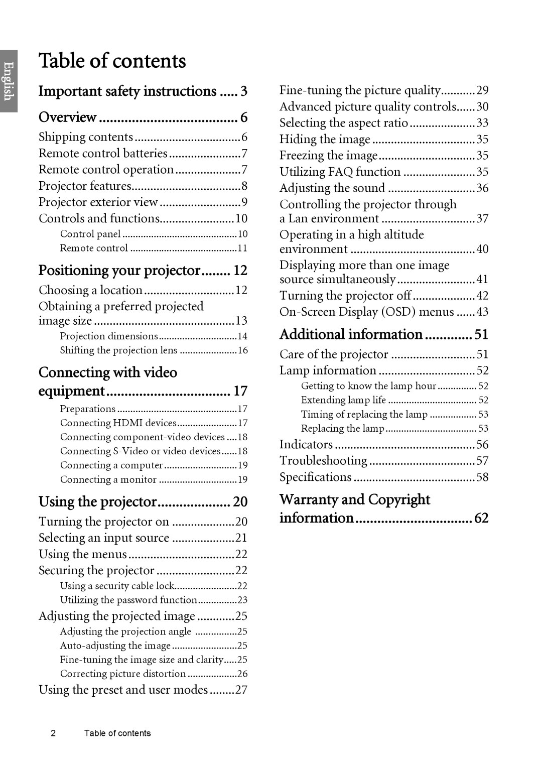 BenQ SH960 user manual Table of contents 