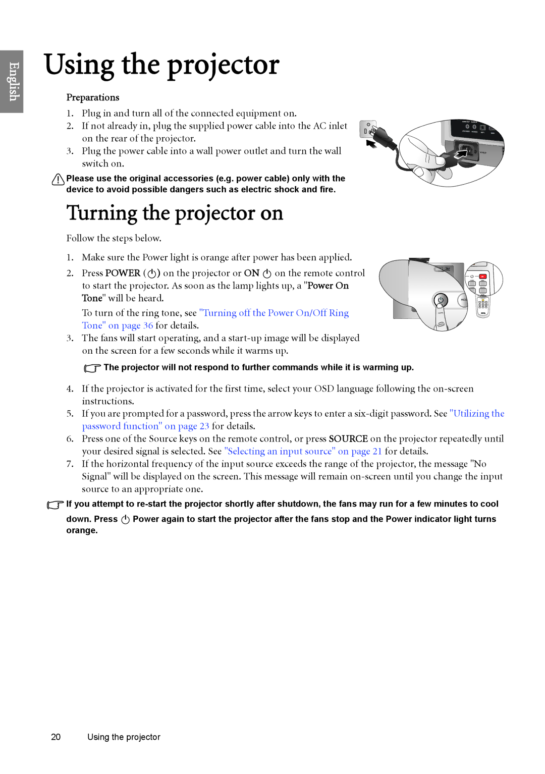 BenQ SH960 user manual Turning the projector on, Preparations 