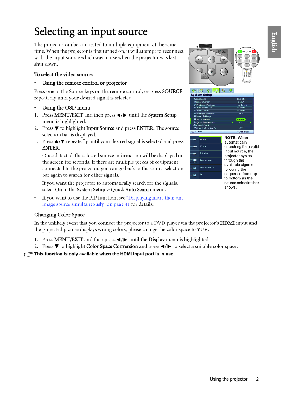 BenQ SH960 user manual Selecting an input source, Using the OSD menu, Changing Color Space 