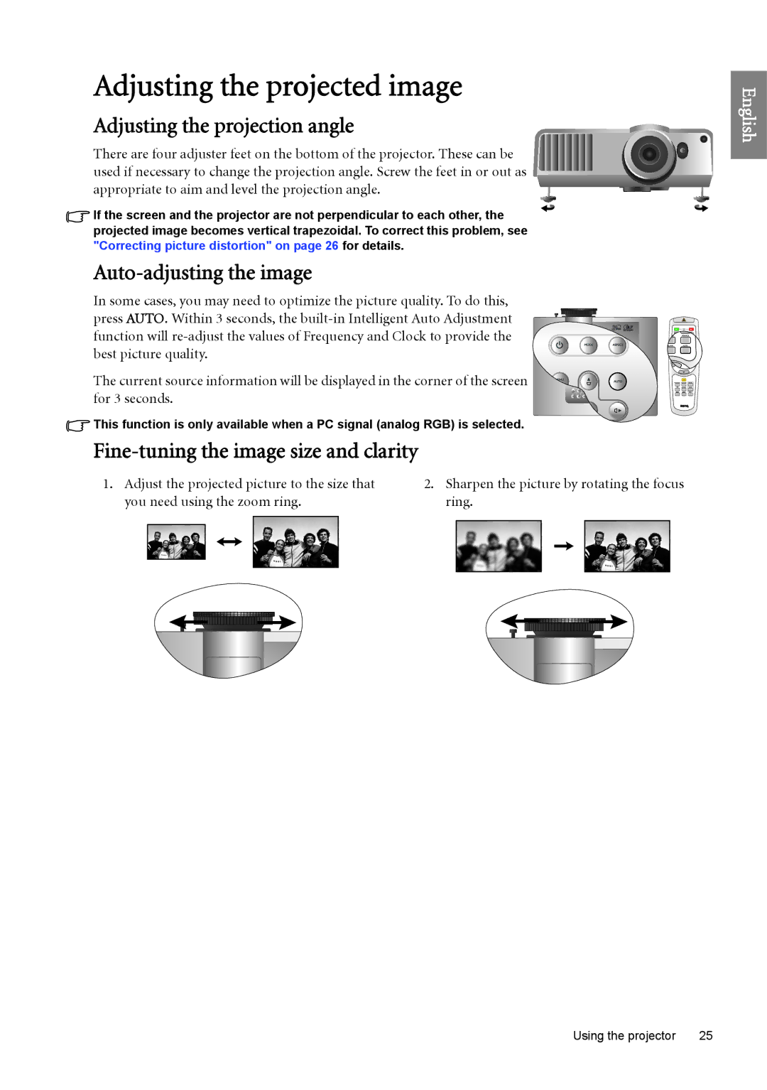 BenQ SH960 user manual Adjusting the projected image, Adjusting the projection angle, Auto-adjusting the image 