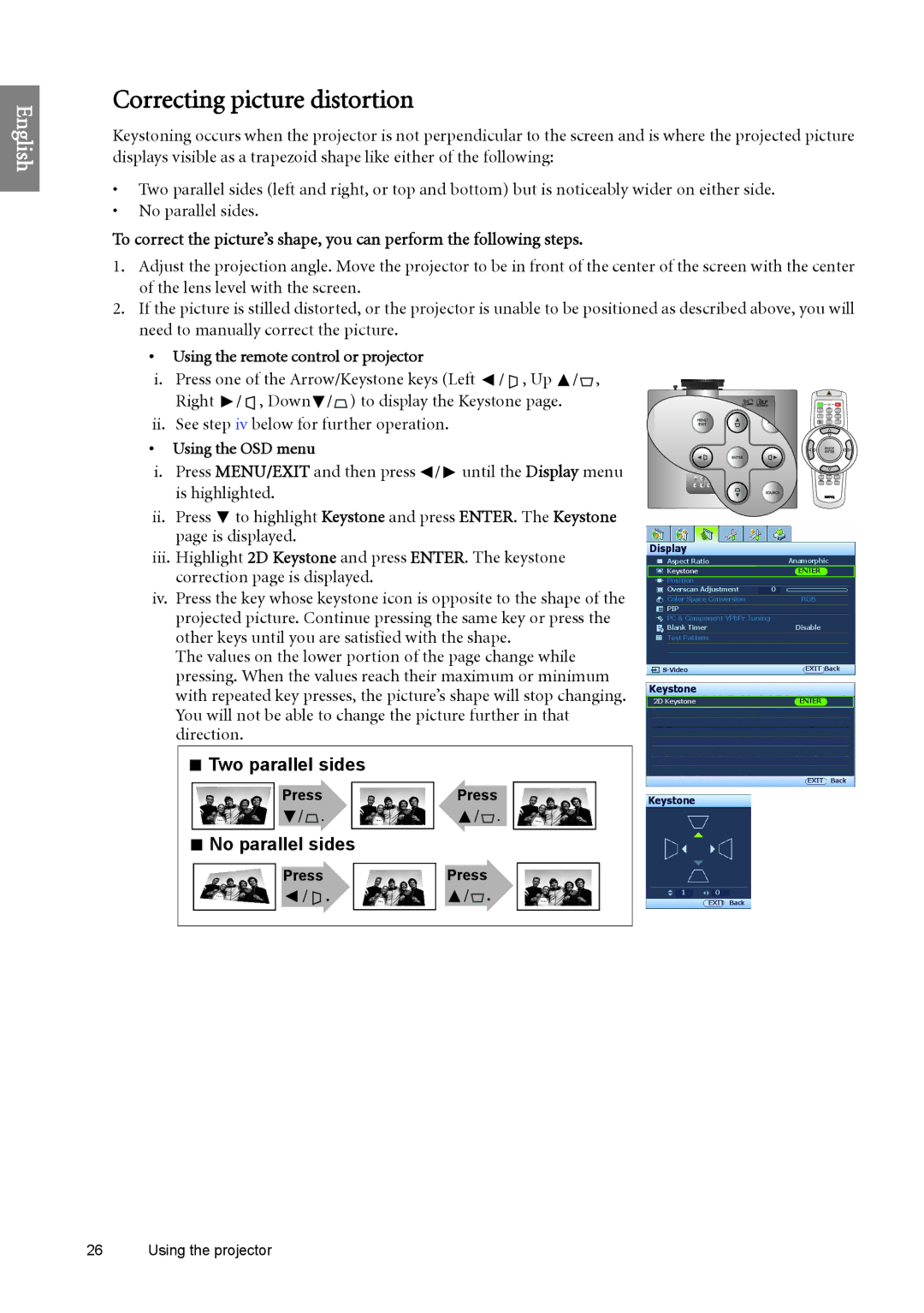 BenQ SH960 user manual Correcting picture distortion, Ii. See step iv below for further operation, Two parallel sides 