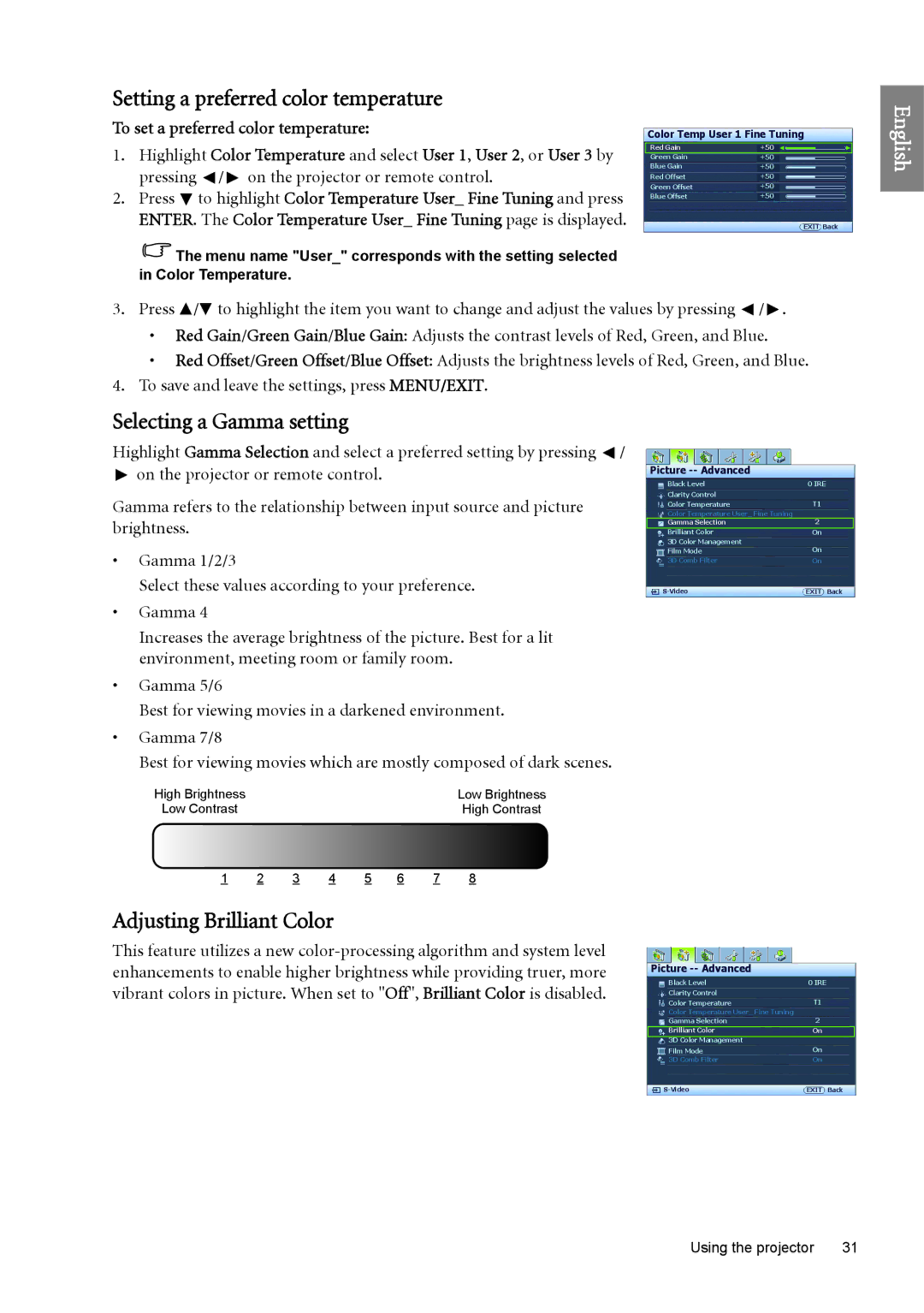 BenQ SH960 user manual Setting a preferred color temperature, Selecting a Gamma setting, Adjusting Brilliant Color 