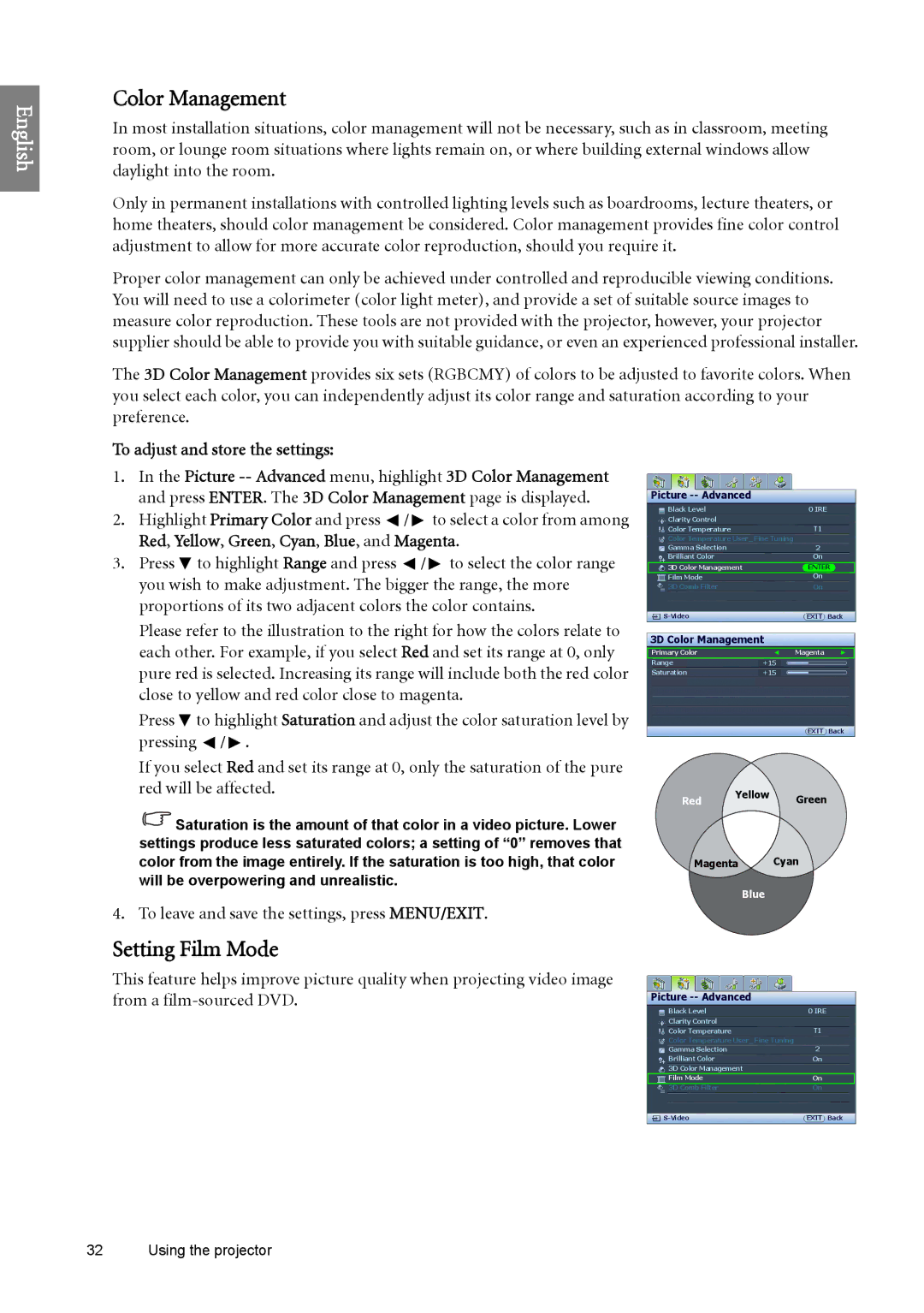 BenQ SH960 user manual Color Management, Setting Film Mode, To adjust and store the settings 