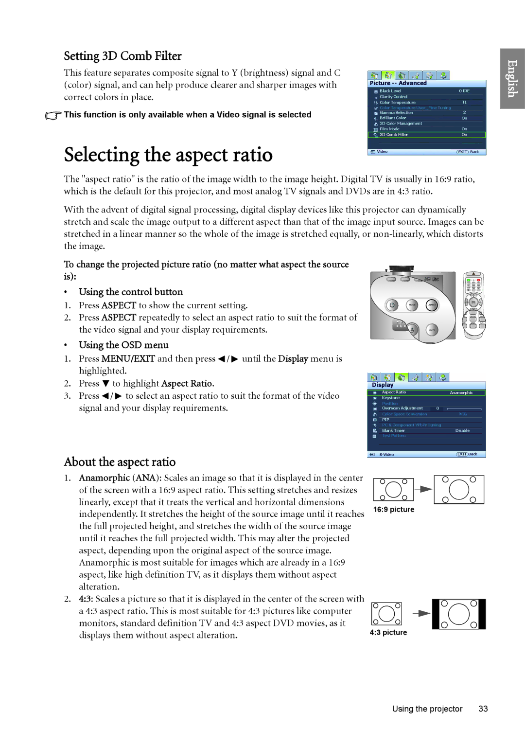 BenQ SH960 user manual Selecting the aspect ratio, Setting 3D Comb Filter, About the aspect ratio 