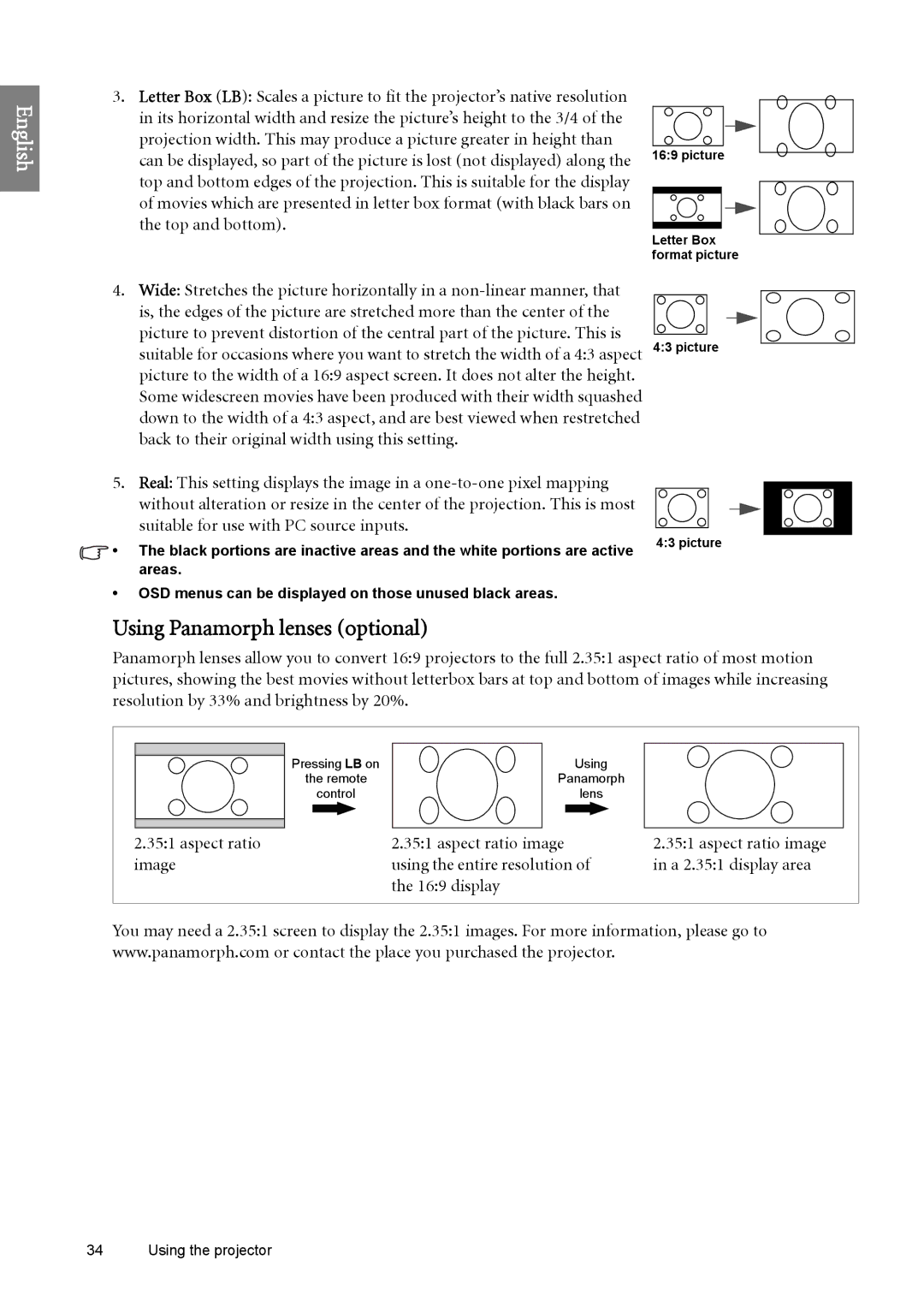 BenQ SH960 Using Panamorph lenses optional, Aspect ratio Aspect ratio image, Image Using the entire resolution, display 