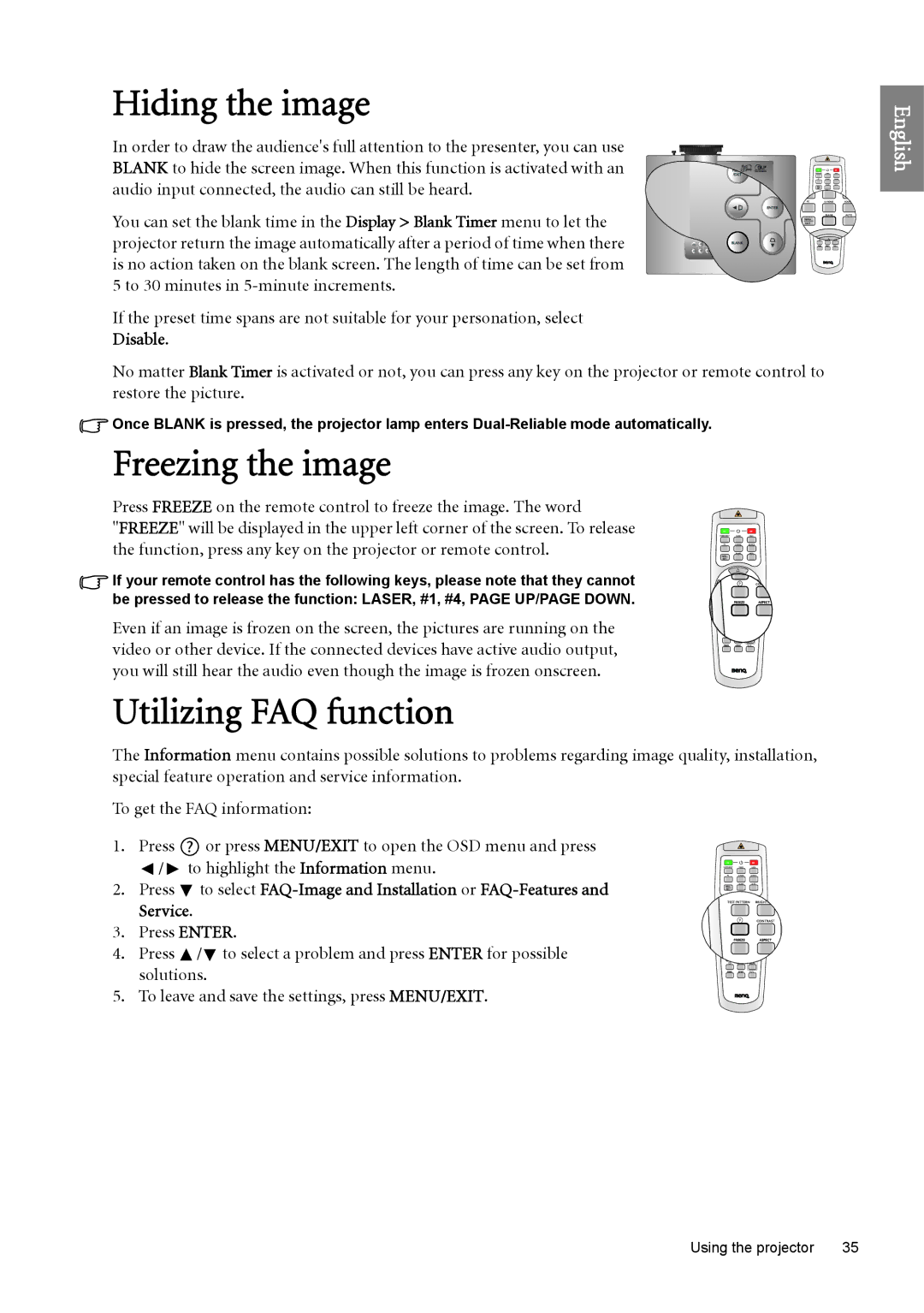 BenQ SH960 user manual Hiding the image, Freezing the image, Utilizing FAQ function, Press Enter 