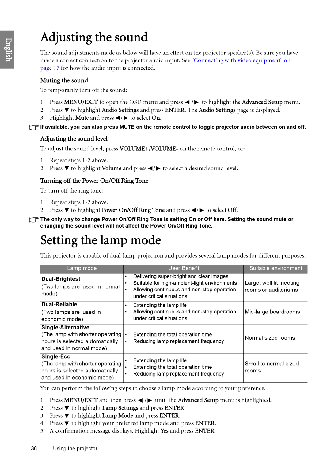 BenQ SH960 Setting the lamp mode, Muting the sound, Adjusting the sound level, Turning off the Power On/Off Ring Tone 