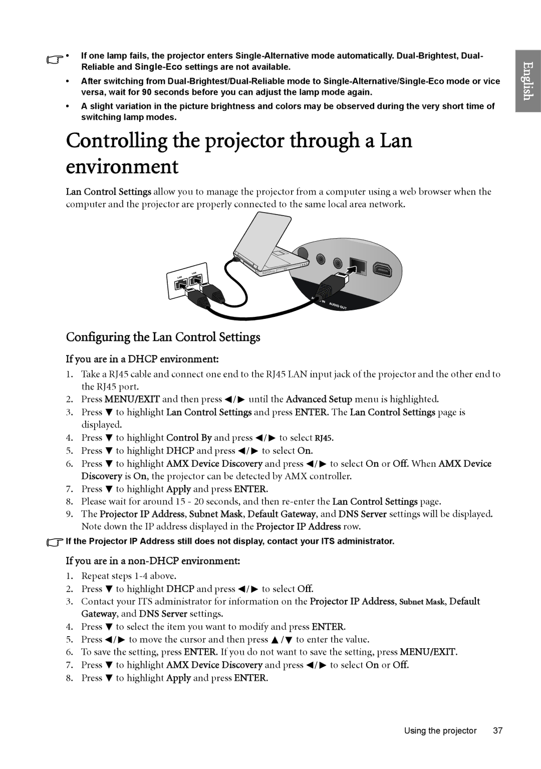 BenQ SH960 user manual Controlling the projector through a Lan environment, Configuring the Lan Control Settings 