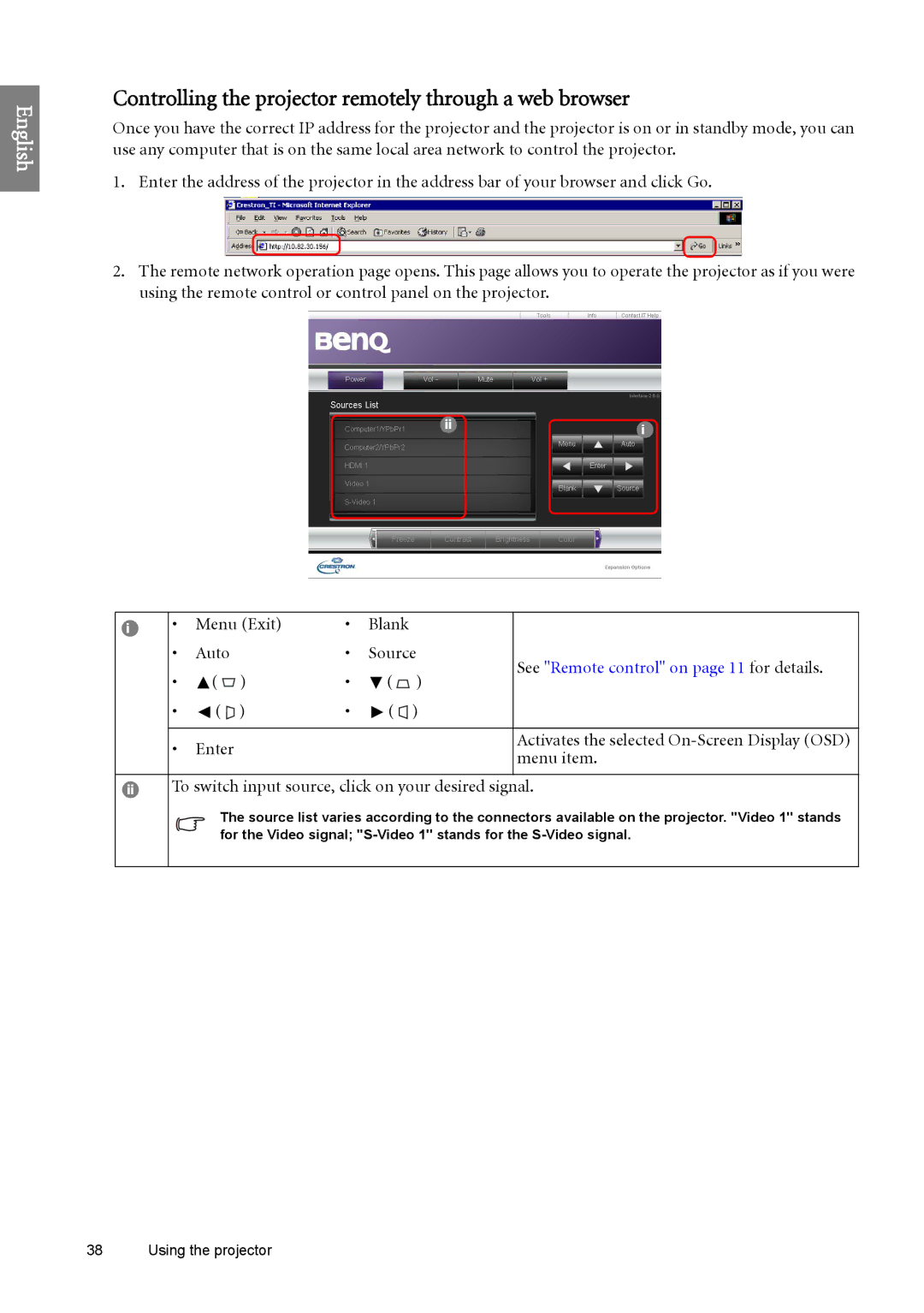 BenQ SH960 user manual Controlling the projector remotely through a web browser, Auto Source, Menu item 