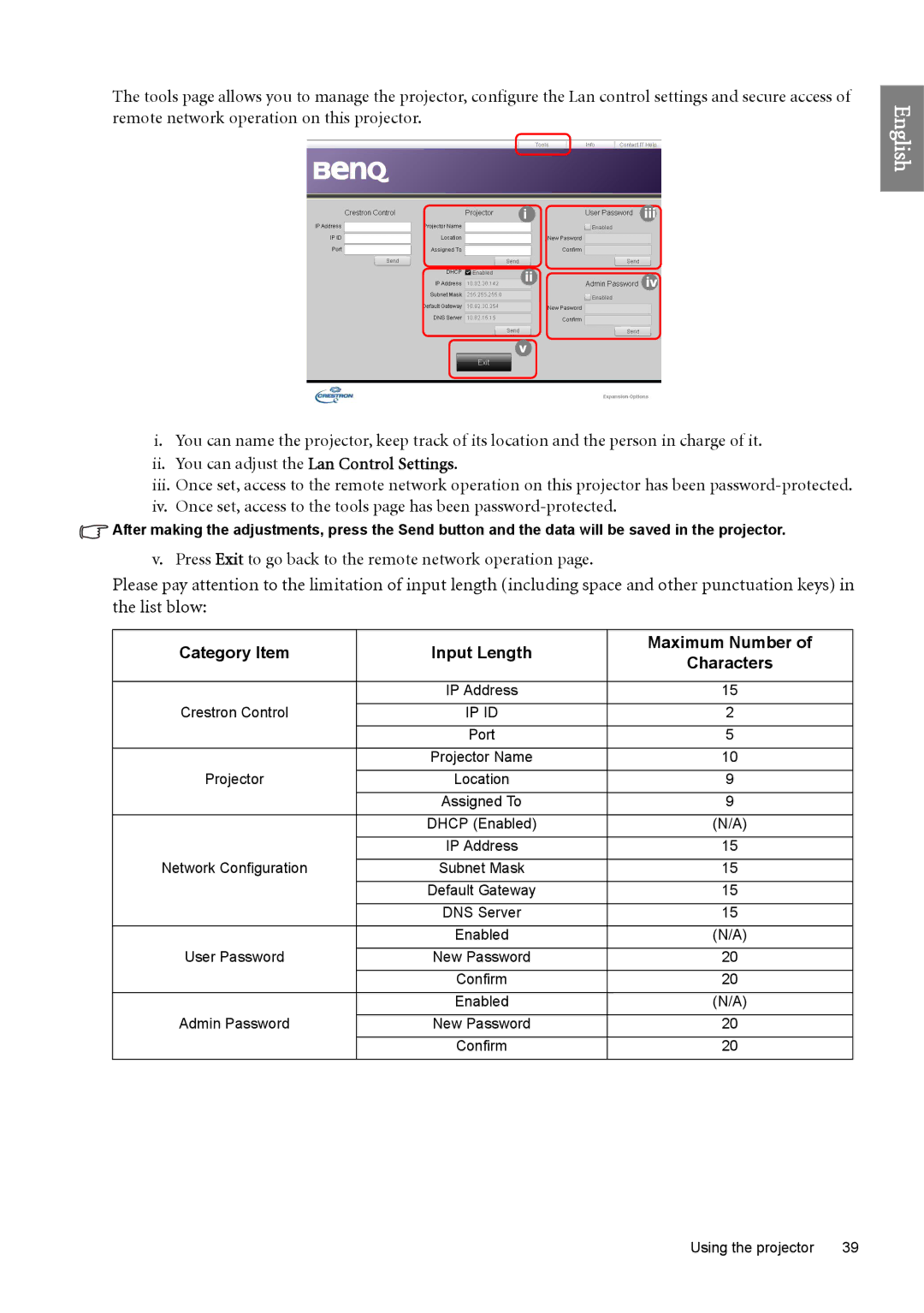 BenQ SH960 user manual Category Item Input Length Maximum Number 