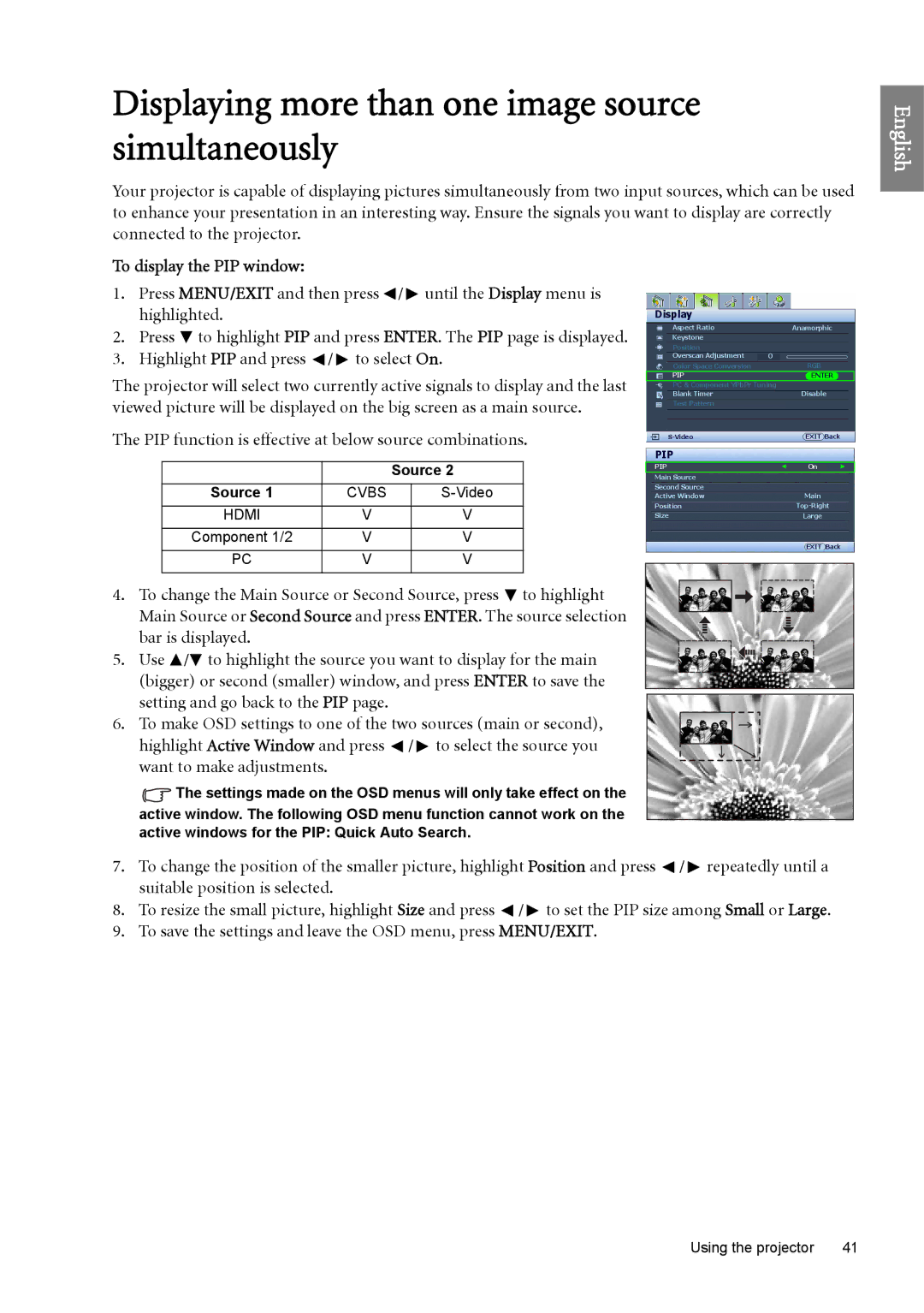 BenQ SH960 user manual Displaying more than one image source simultaneously, To display the PIP window 