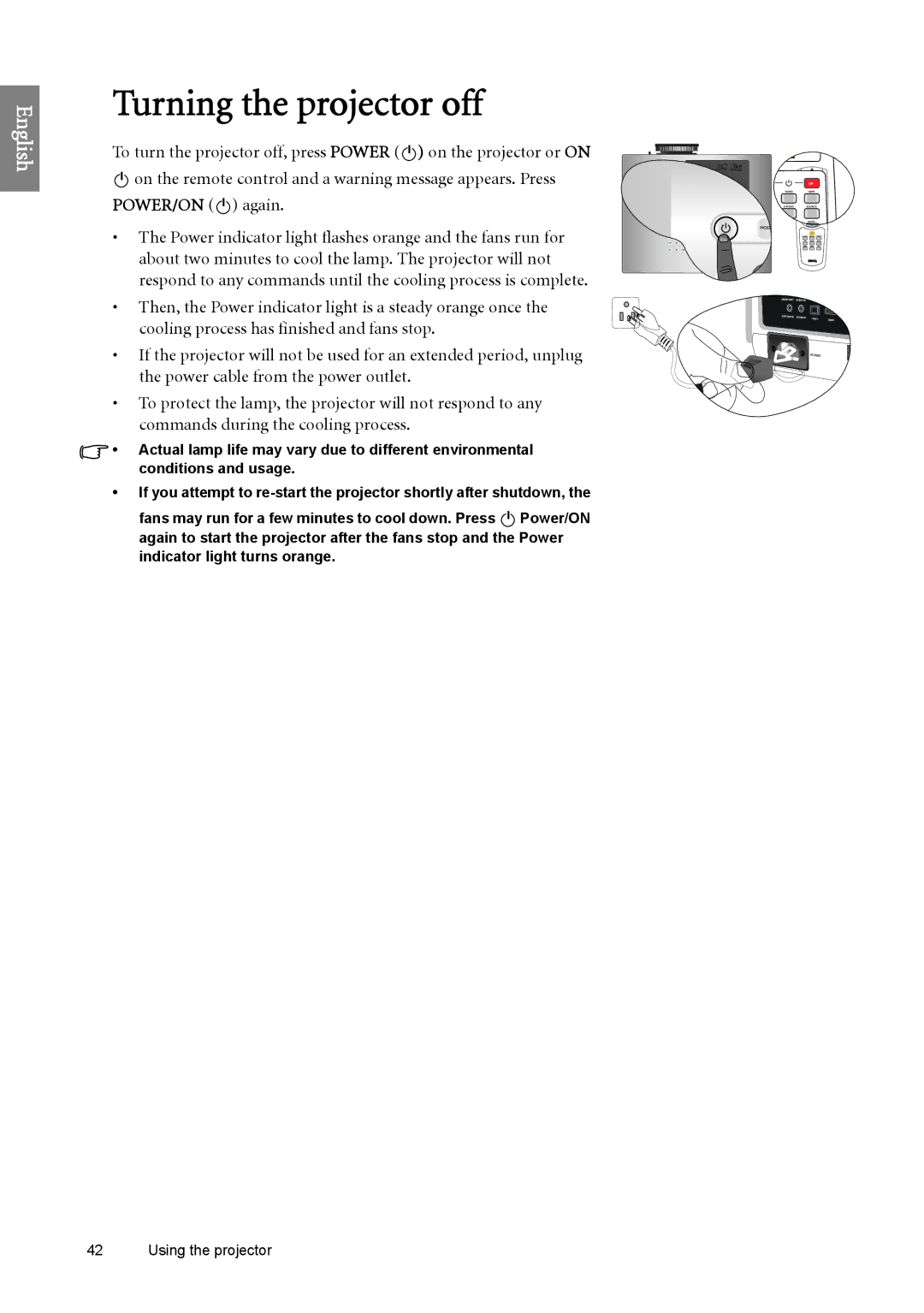 BenQ SH960 user manual Turning the projector off, POWER/ON II again 