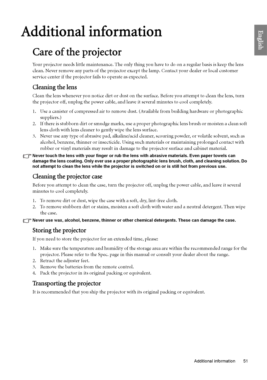 BenQ SH960 user manual Care of the projector, Cleaning the lens, Cleaning the projector case, Storing the projector 