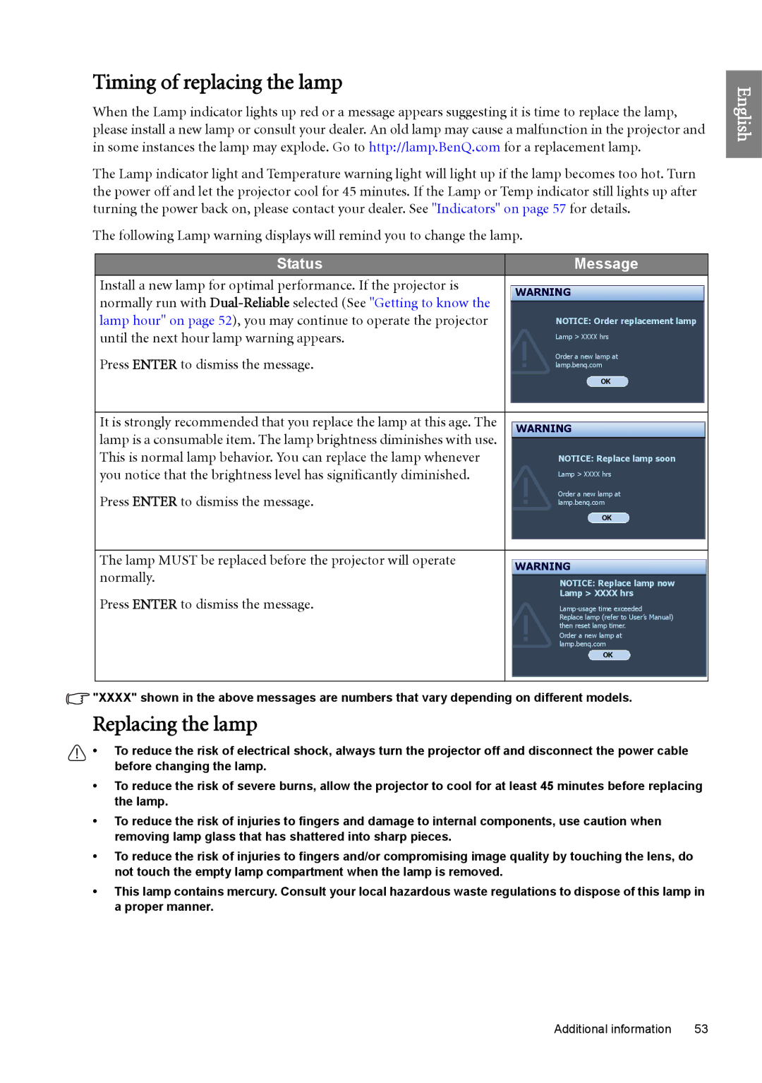 BenQ SH960 user manual Timing of replacing the lamp, Replacing the lamp, Status Message 