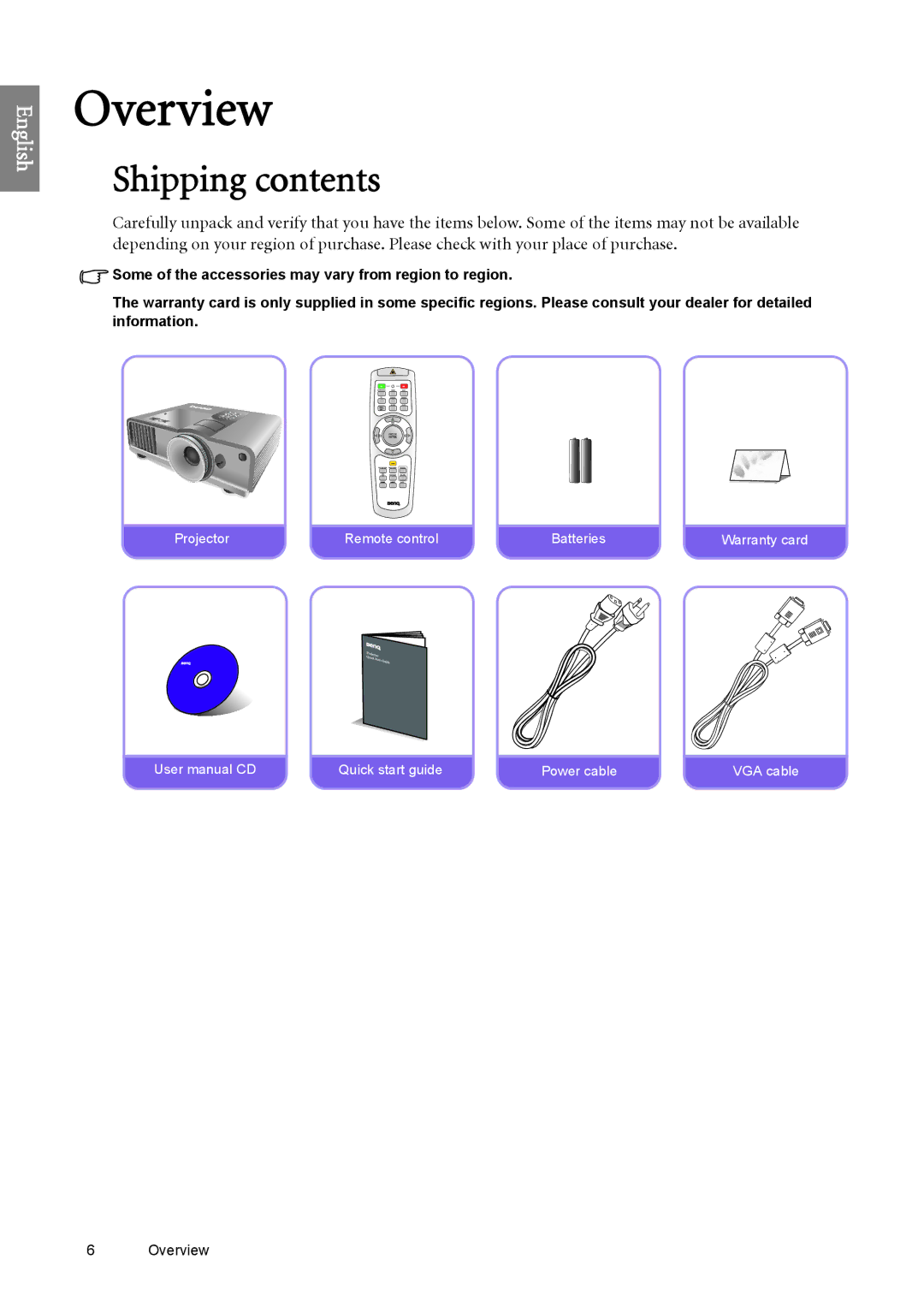 BenQ SH960 user manual Overview, Shipping contents 