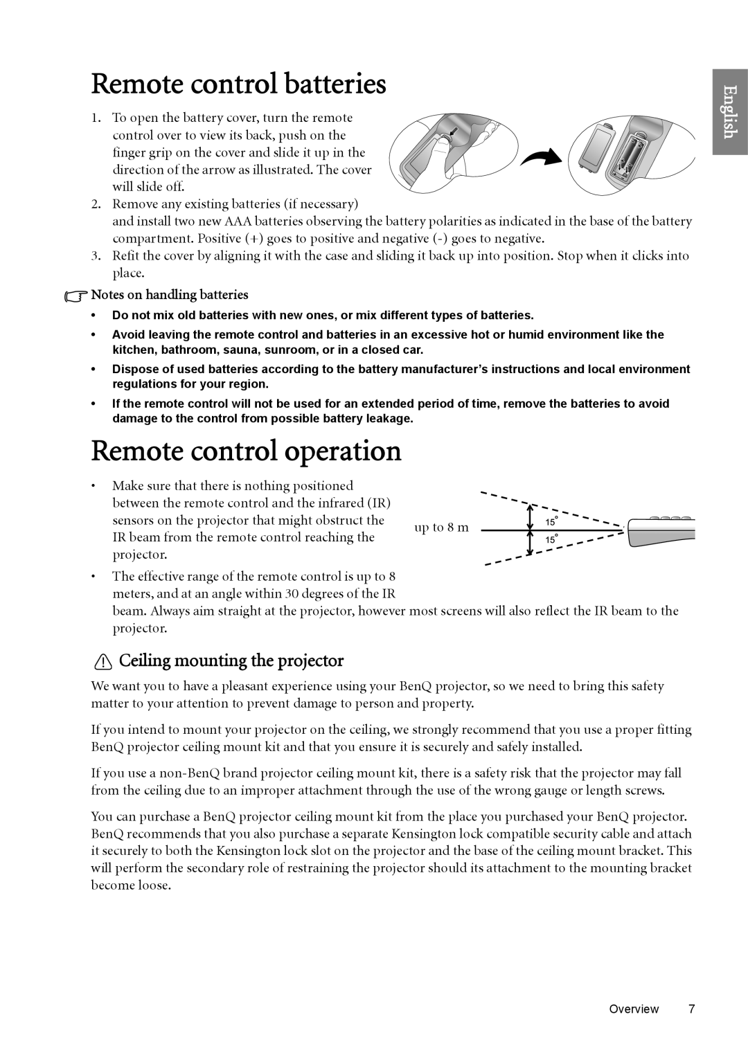 BenQ SH960 user manual Remote control batteries, Remote control operation, Ceiling mounting the projector 