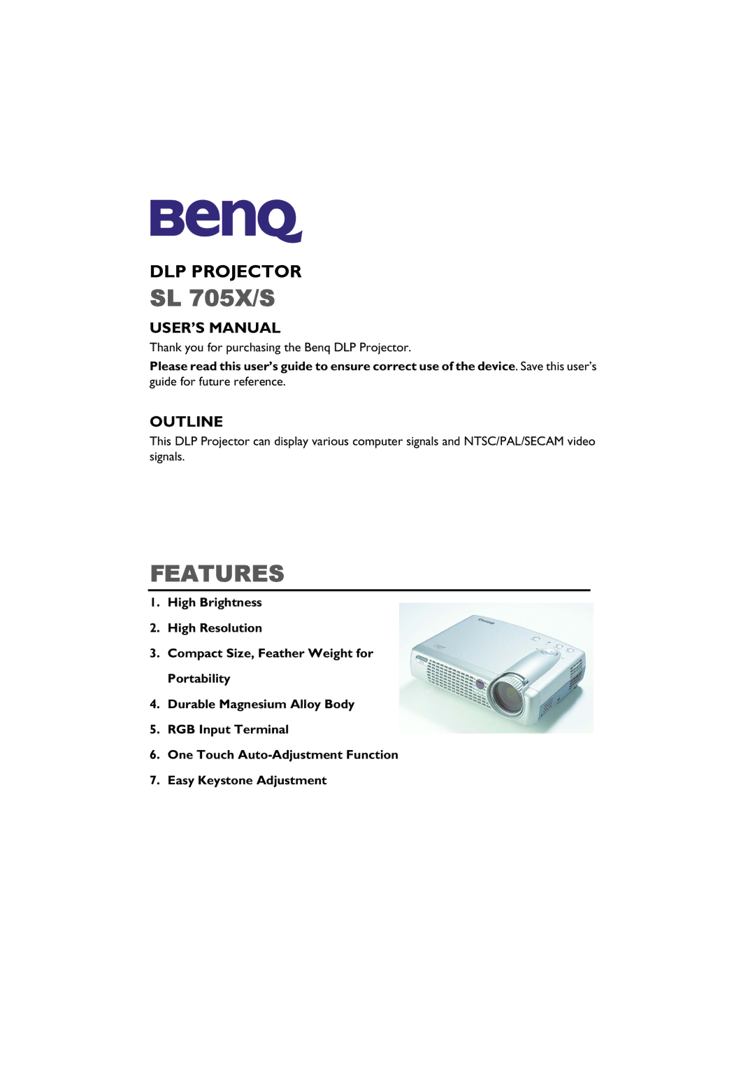 BenQ SL 705X/S user manual DLP Projector 