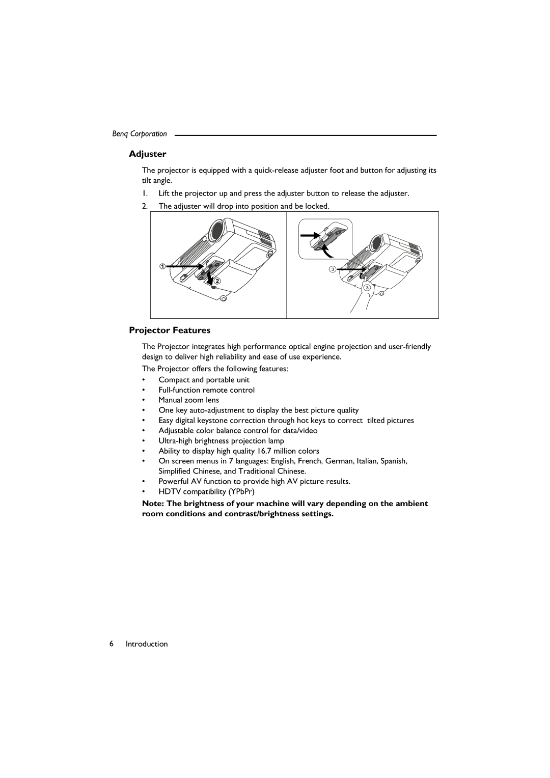 BenQ SL 705X/S user manual Adjuster, Projector Features 