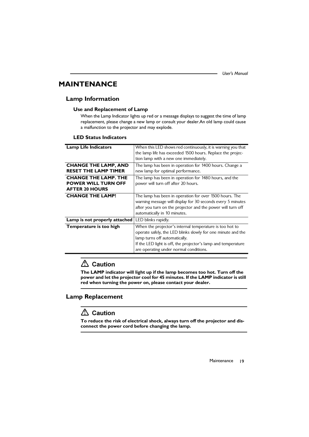 BenQ SL 705X/S Maintenance, Lamp Information, Lamp Replacement, Use and Replacement of Lamp, LED Status Indicators 