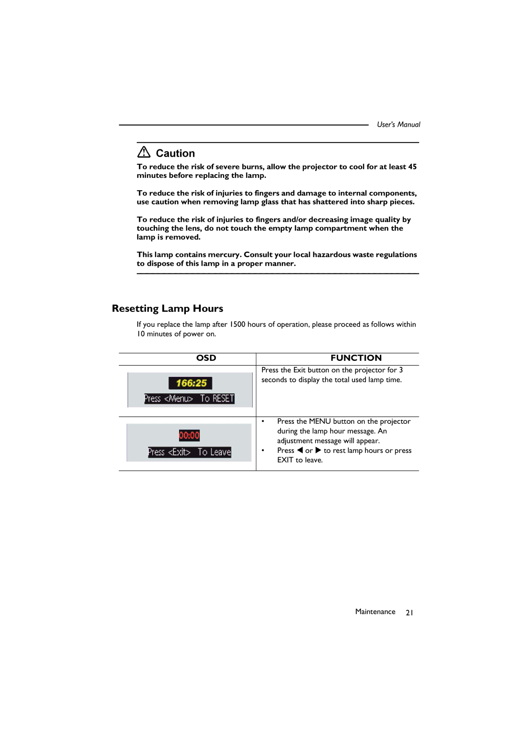 BenQ SL 705X/S user manual Resetting Lamp Hours, OSD Function 