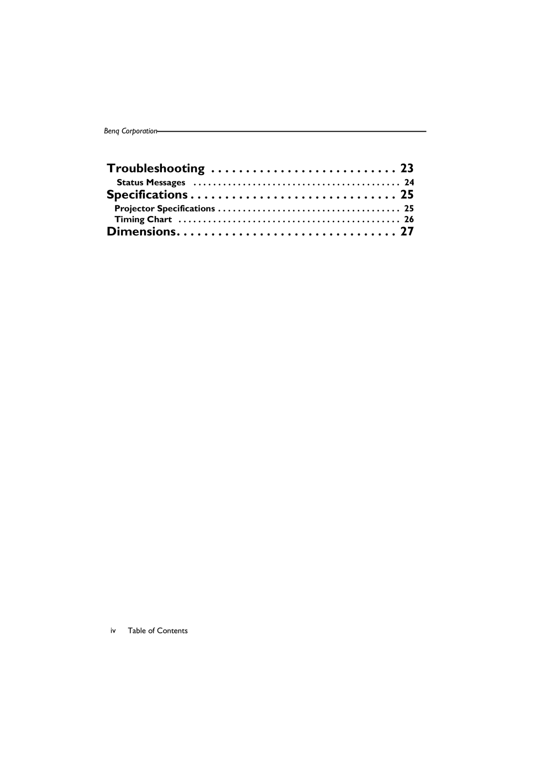 BenQ SL 705X/S user manual Status Messages, Projector Specifications Timing Chart 