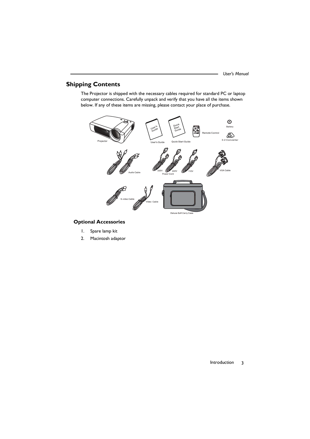 BenQ SL 705X/S user manual Shipping Contents 