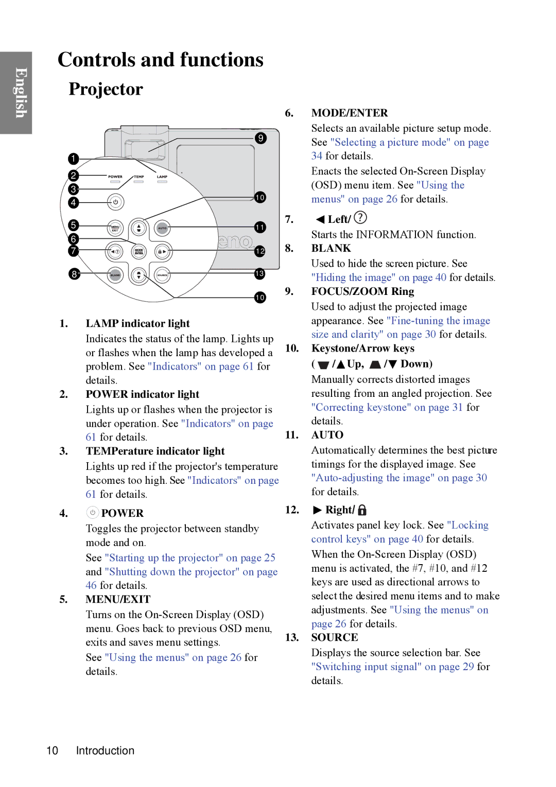 BenQ SP840 user manual Controls and functions, Projector 