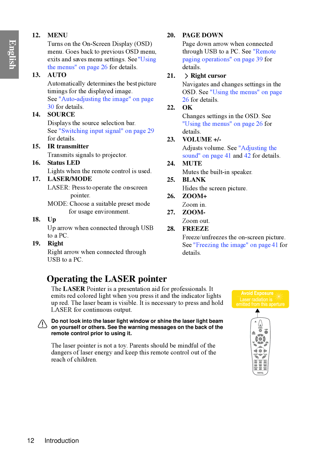 BenQ SP840 user manual Operating the Laser pointer 