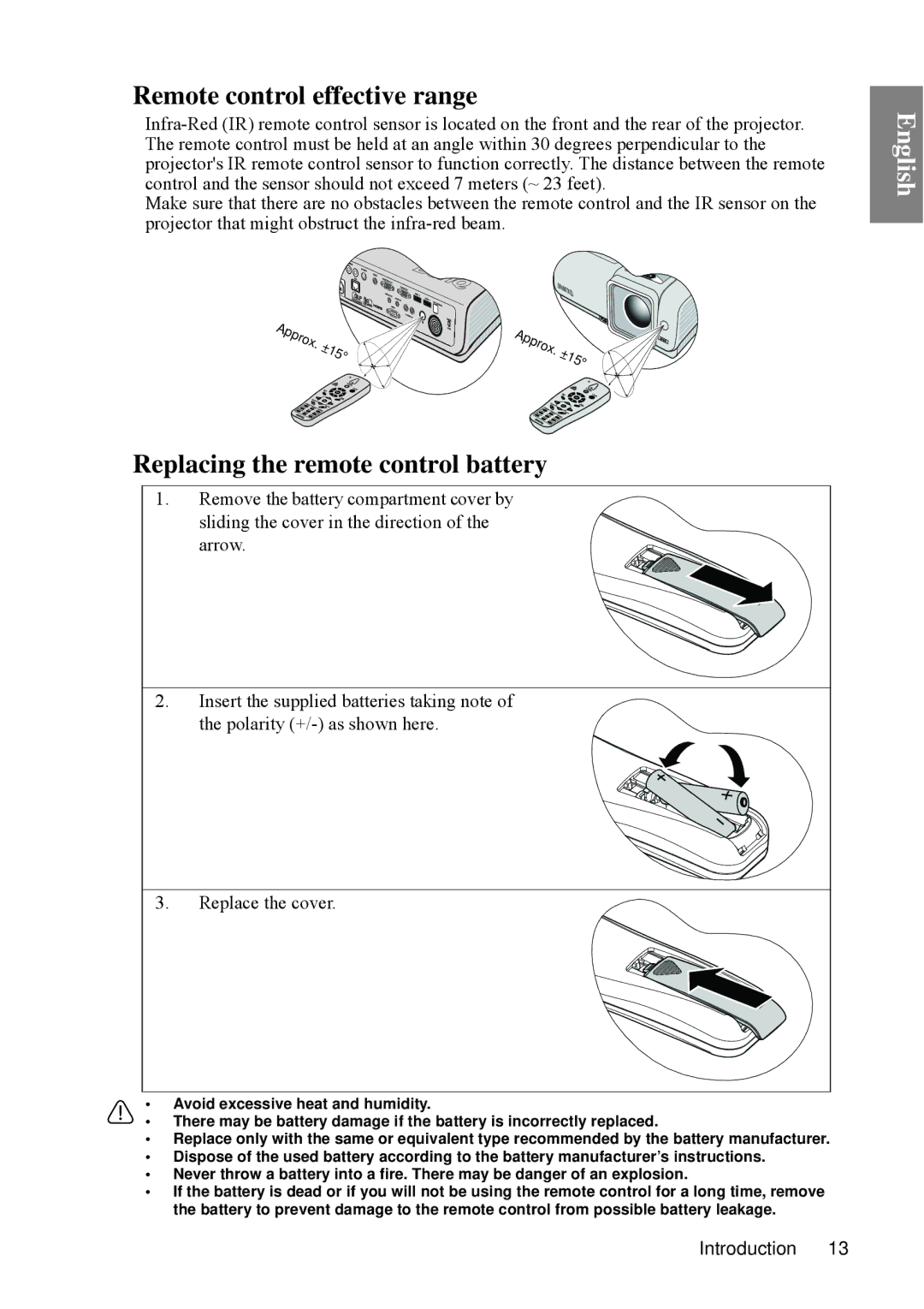 BenQ SP840 user manual Remote control effective range, Replacing the remote control battery 