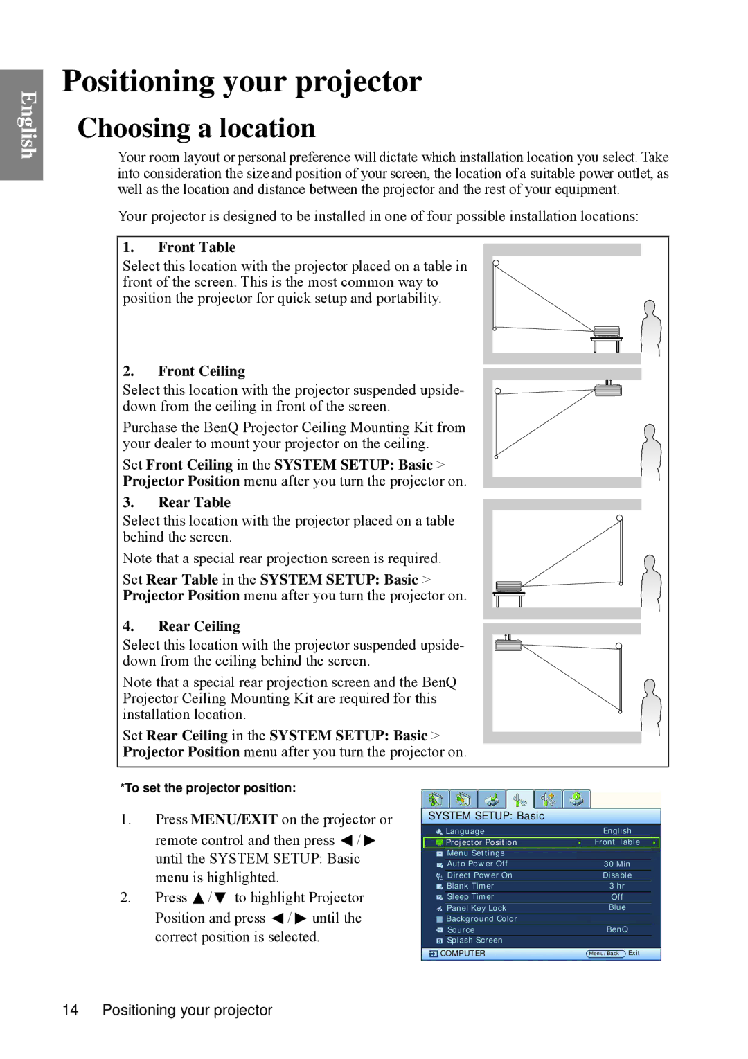 BenQ SP840 user manual Positioning your projector, Choosing a location 