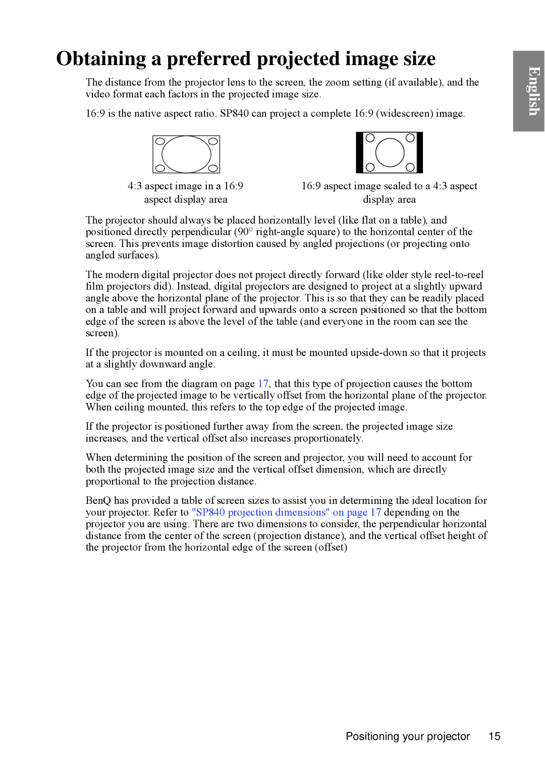 BenQ SP840 user manual Obtaining a preferred projected image size 