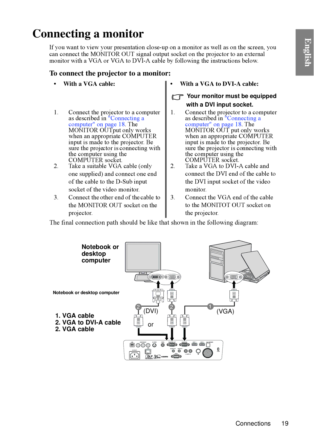 BenQ SP840 Connecting a monitor, To connect the projector to a monitor, With a VGA cable With a VGA to DVI-A cable 