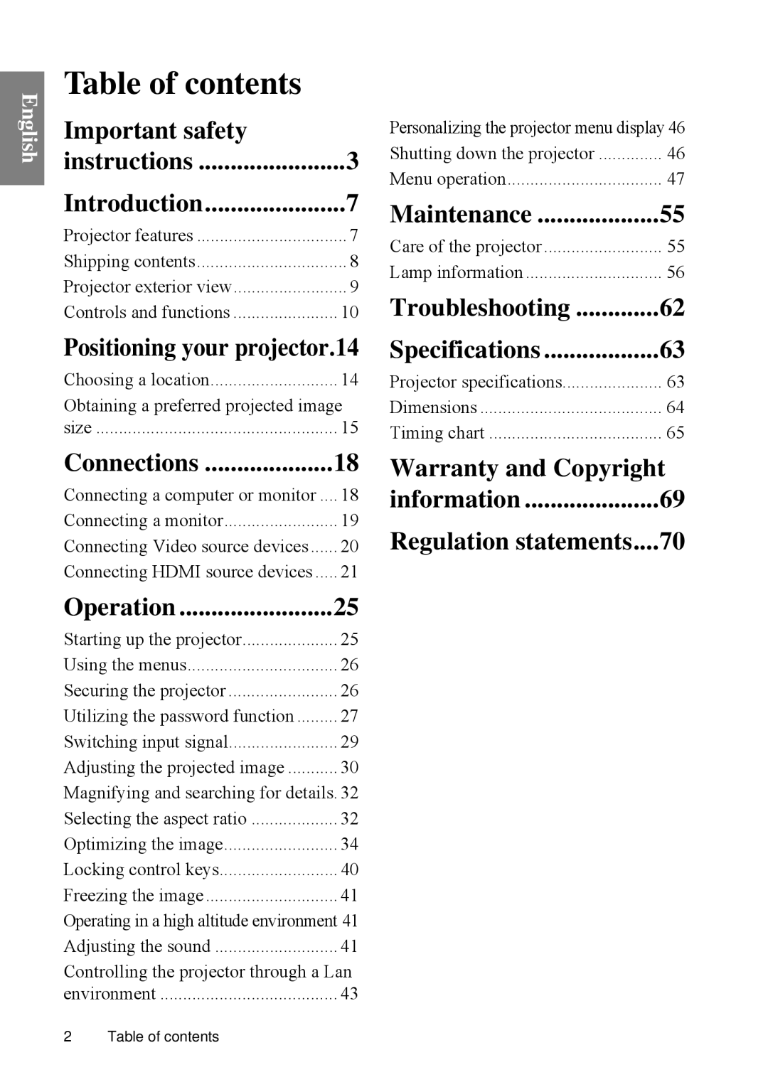 BenQ SP840 user manual Table of contents 