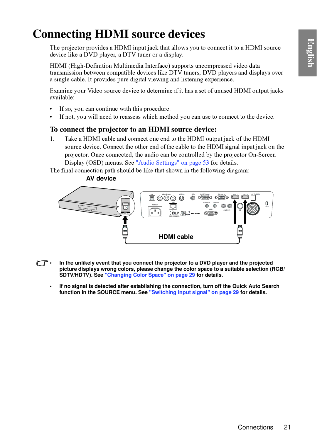 BenQ SP840 Connecting Hdmi source devices, To connect the projector to an Hdmi source device, AV device, Hdmi cable 