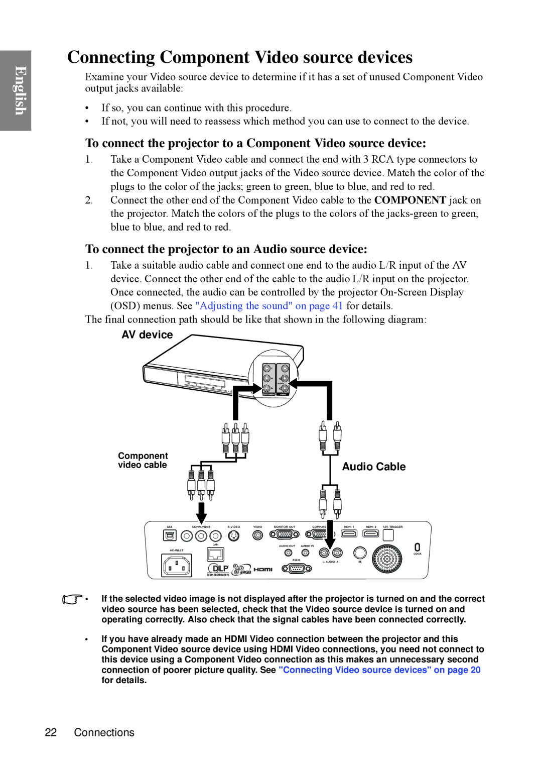 BenQ SP840 Connecting Component Video source devices, To connect the projector to a Component Video source device 