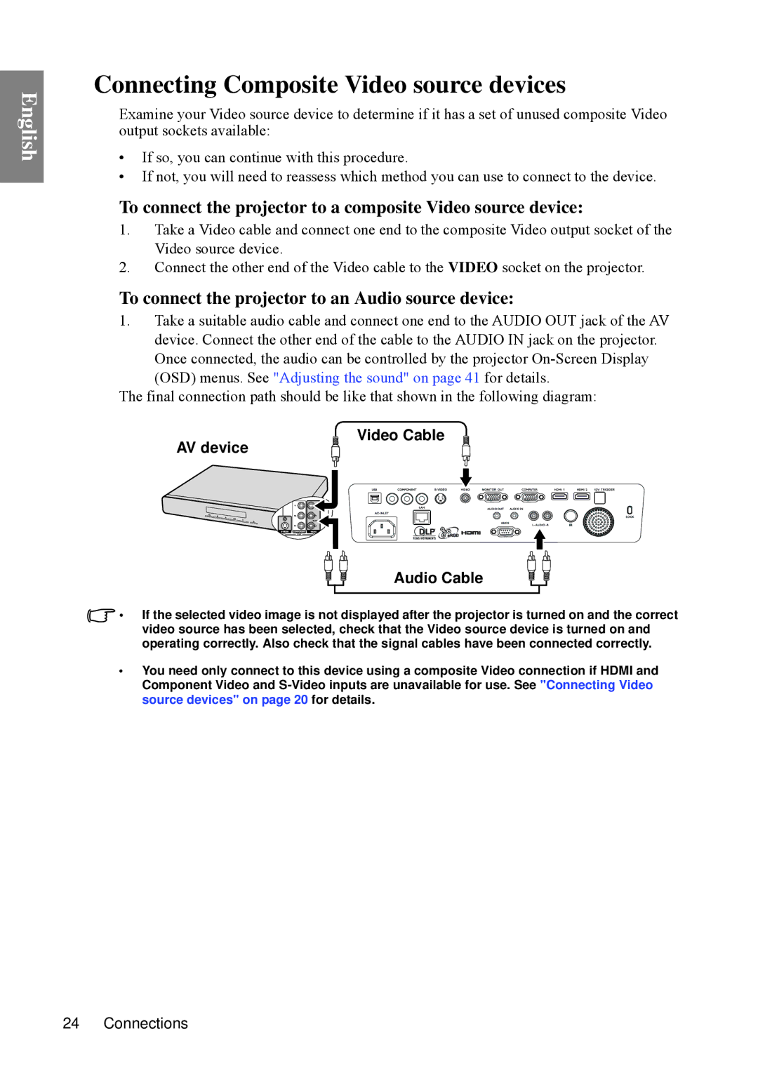 BenQ SP840 Connecting Composite Video source devices, To connect the projector to a composite Video source device 