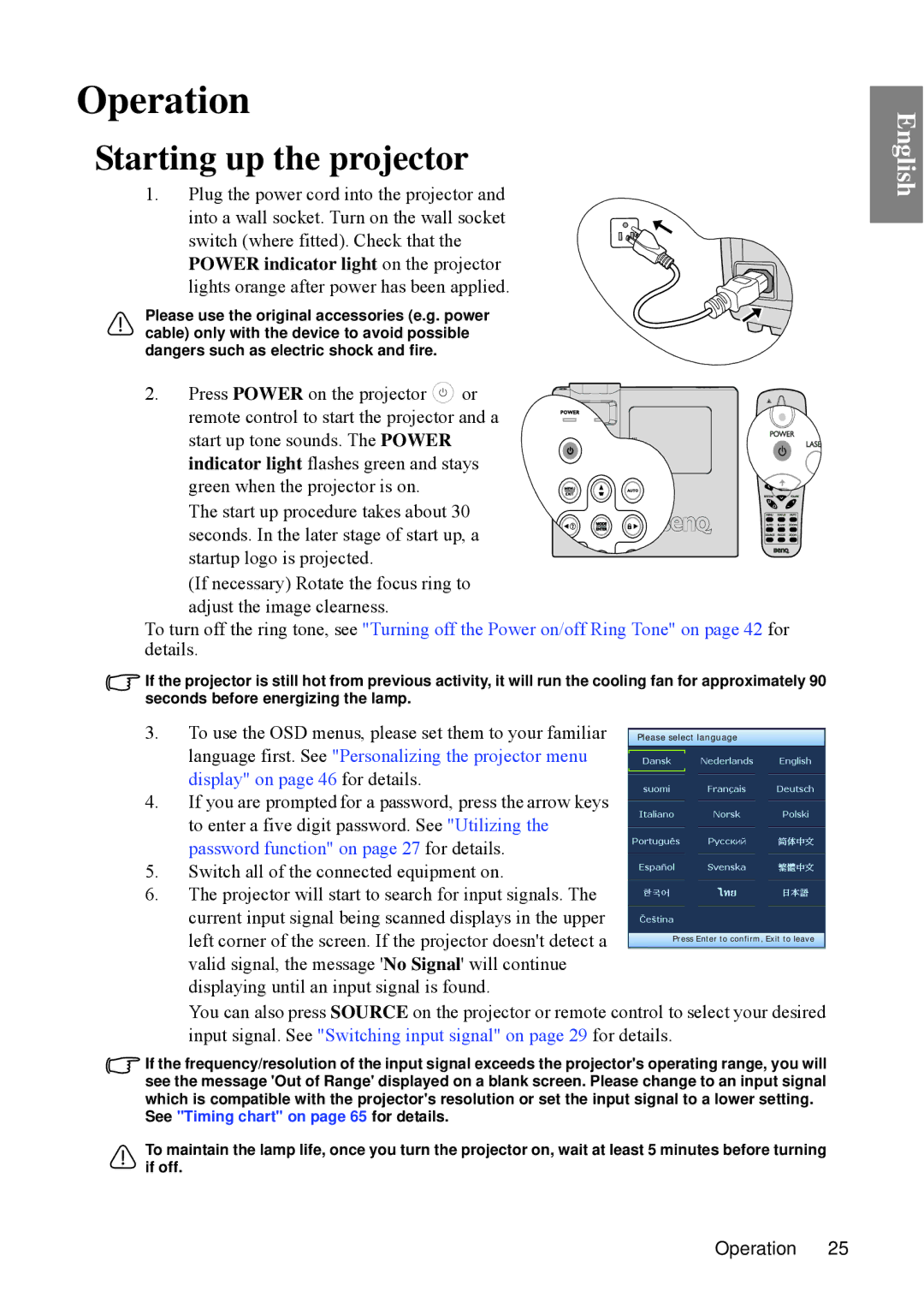 BenQ SP840 user manual Operation, Starting up the projector 