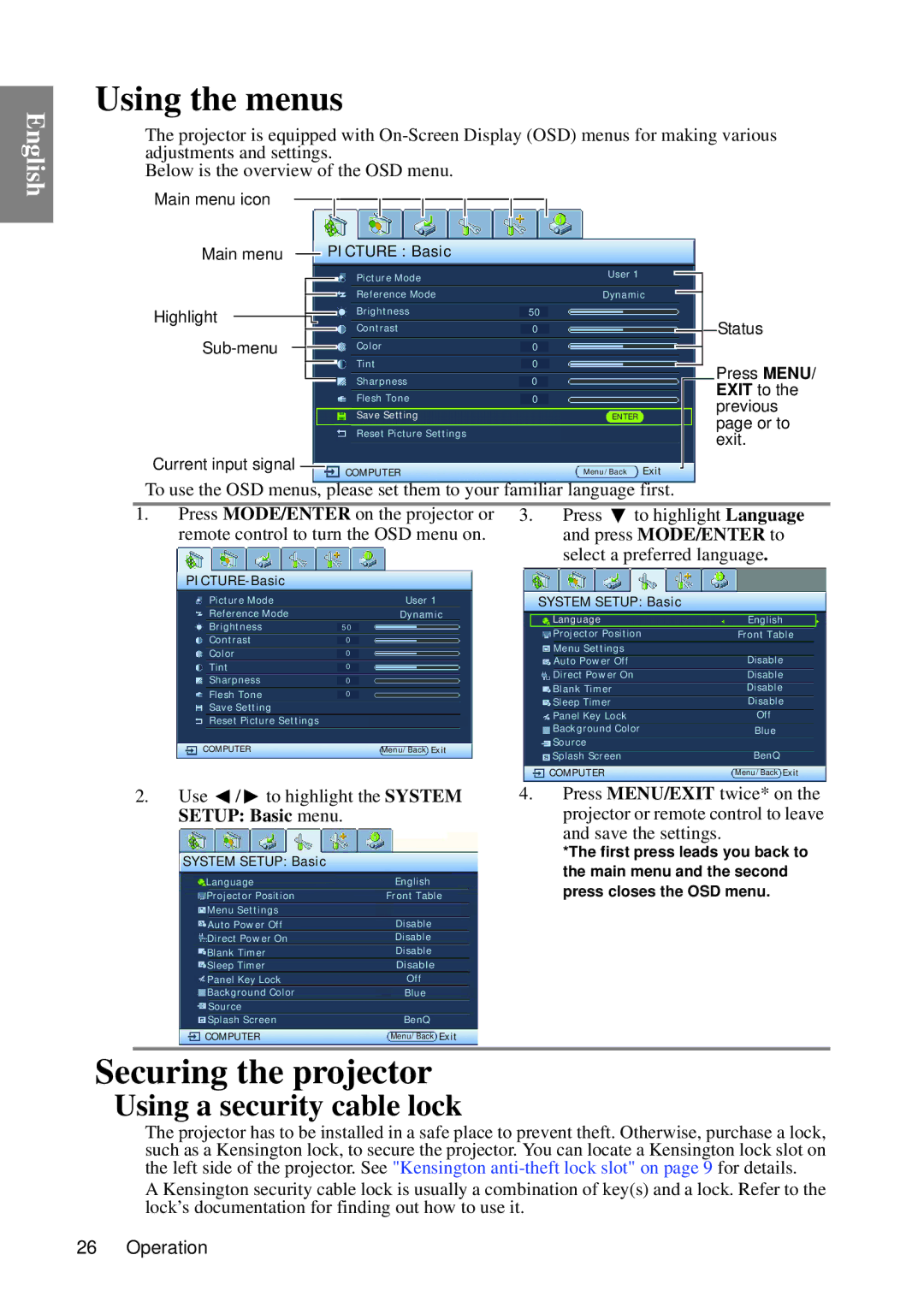 BenQ SP840 user manual Using the menus, Securing the projector, Using a security cable lock 