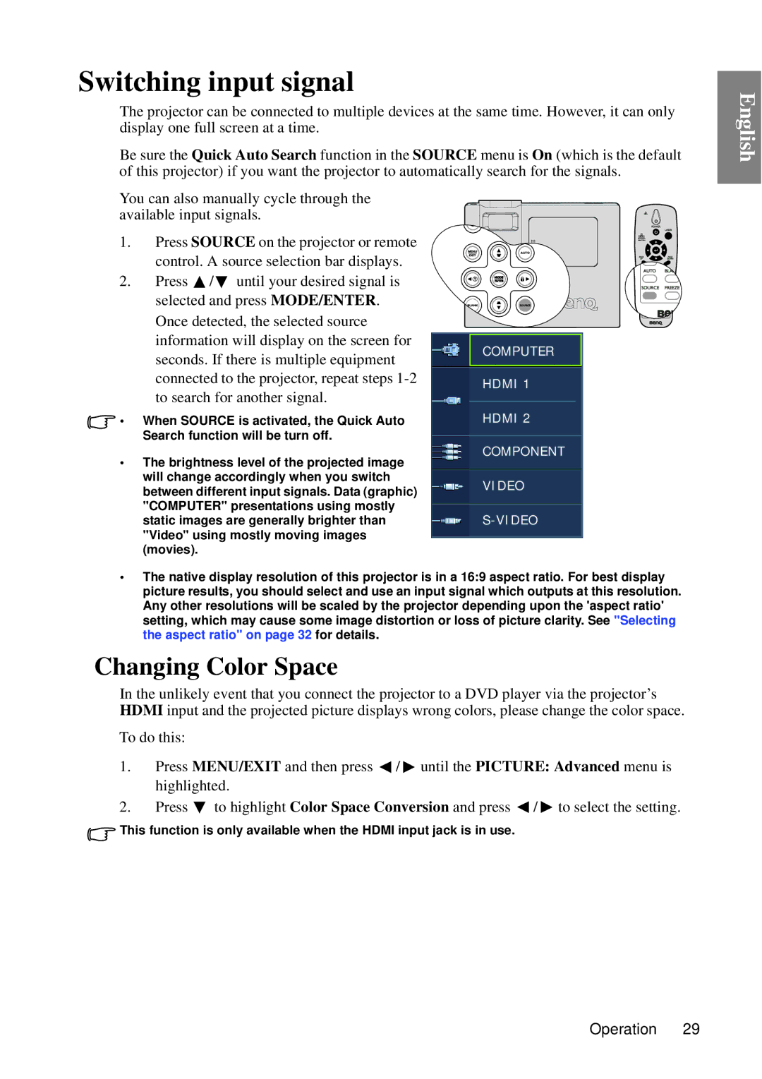 BenQ SP840 user manual Switching input signal, Changing Color Space 