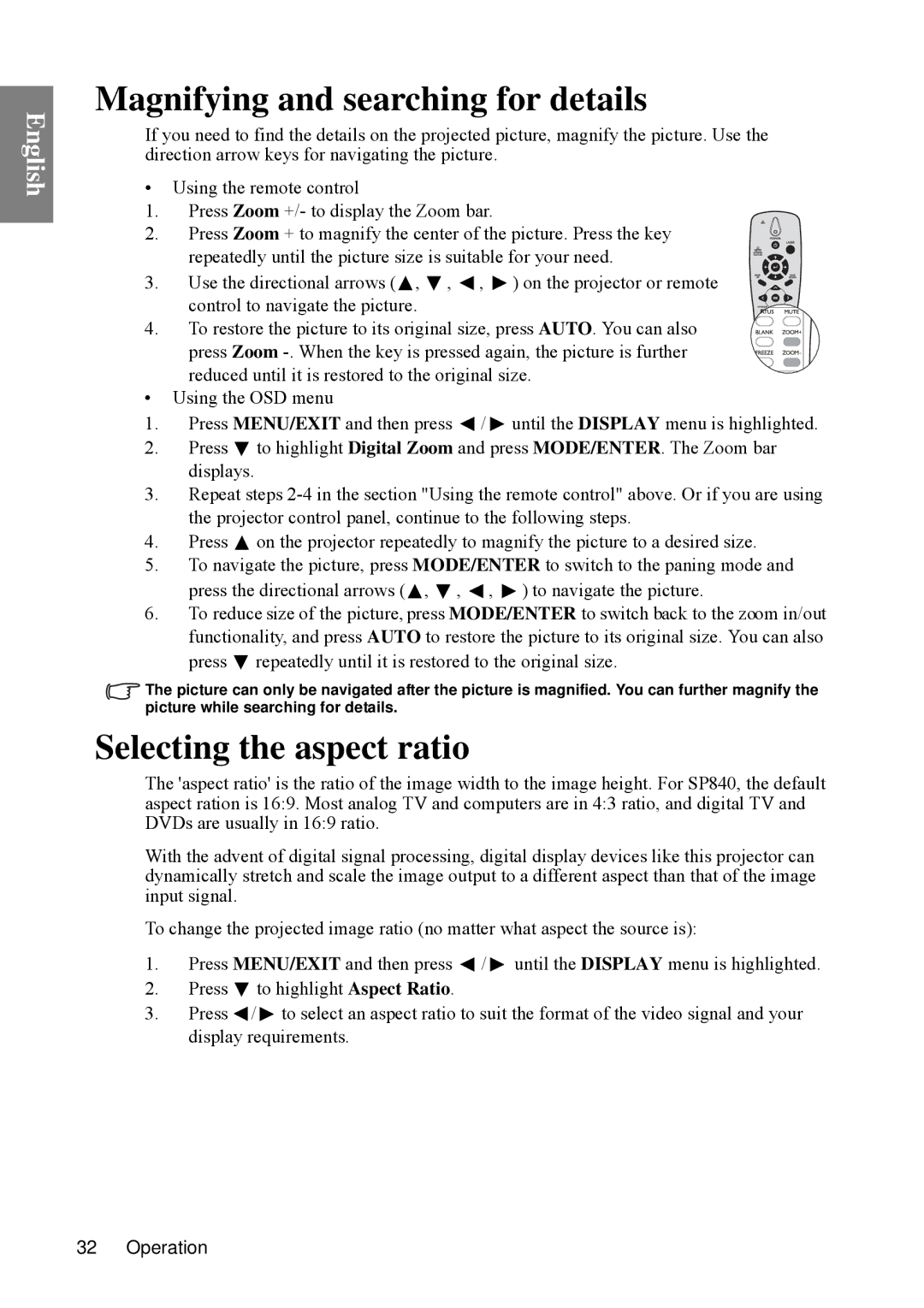 BenQ SP840 user manual Magnifying and searching for details, Selecting the aspect ratio 