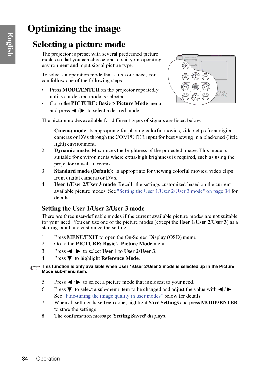 BenQ SP840 user manual Optimizing the image, Selecting a picture mode, Setting the User 1/User 2/User 3 mode 