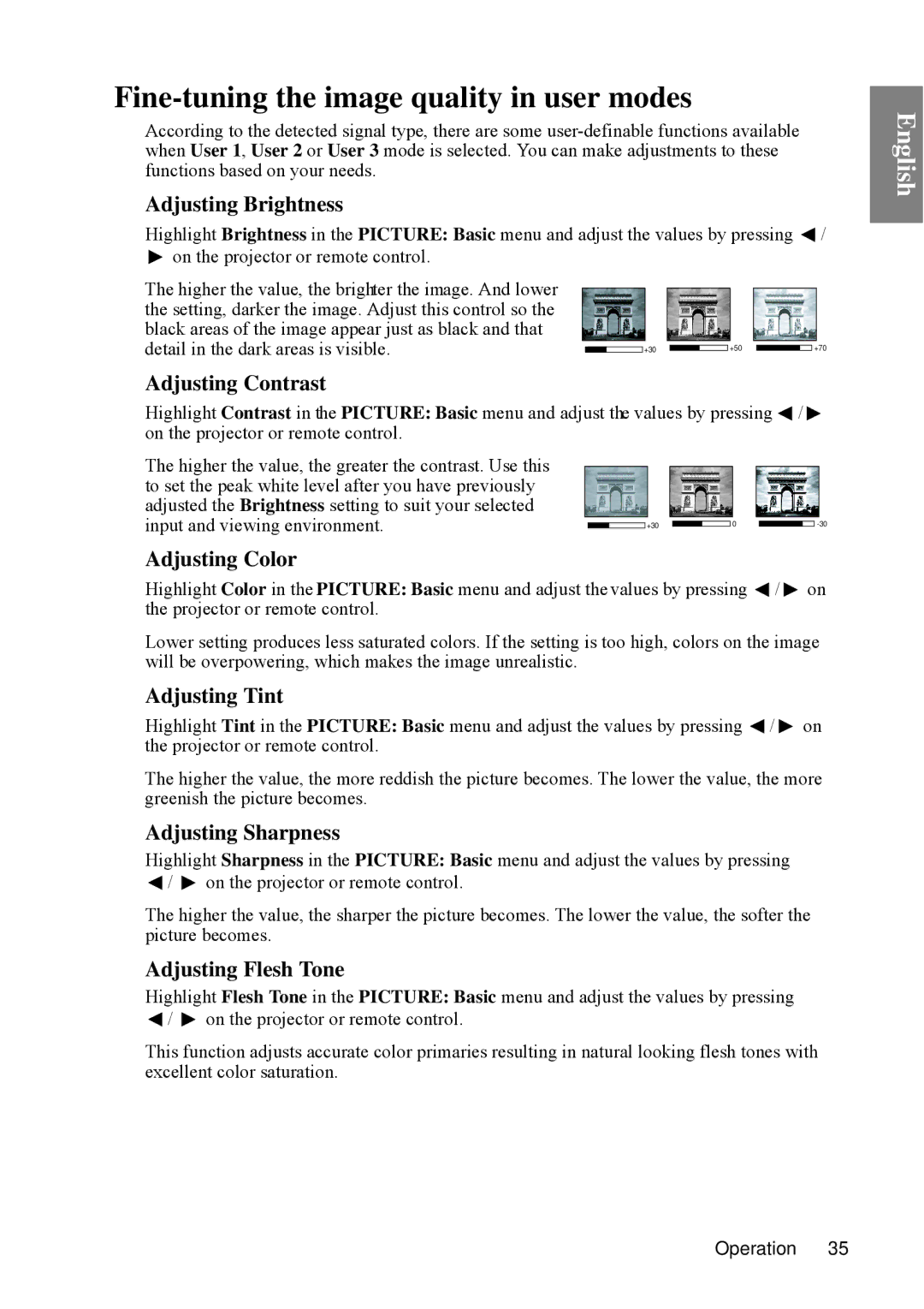 BenQ SP840 user manual Fine-tuning the image quality in user modes 