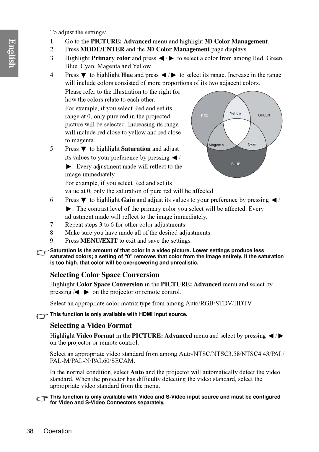 BenQ SP840 user manual Selecting Color Space Conversion, Selecting a Video Format 