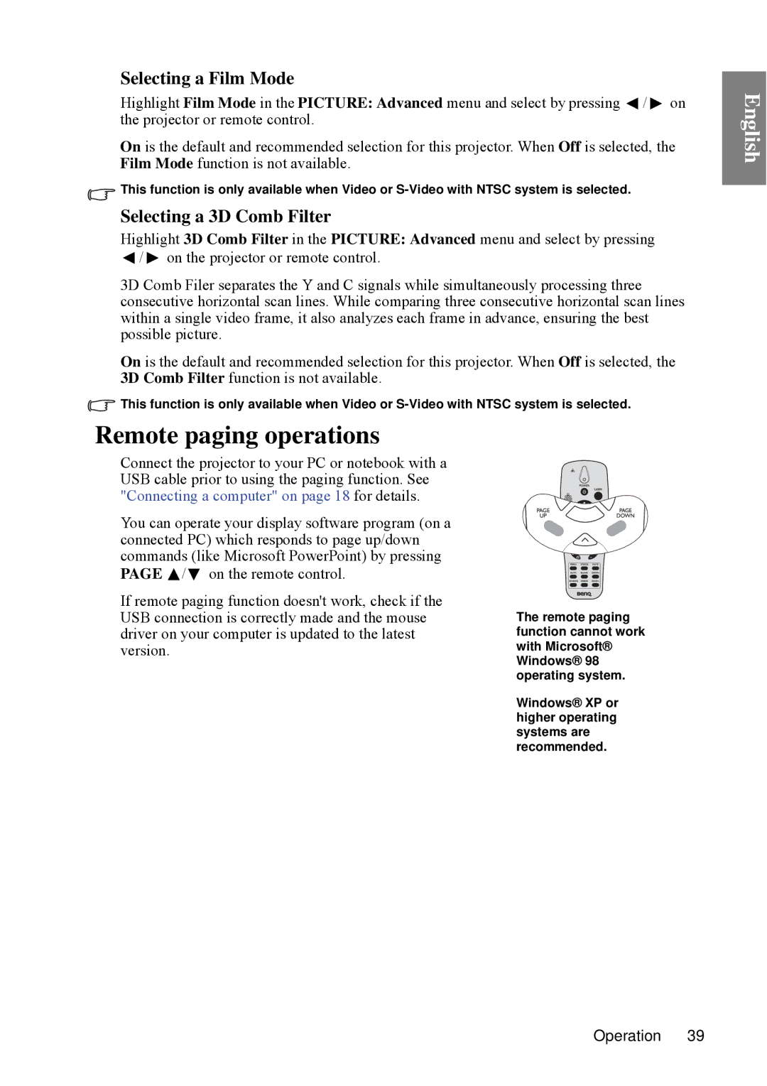 BenQ SP840 user manual Remote paging operations, Selecting a Film Mode, Selecting a 3D Comb Filter 