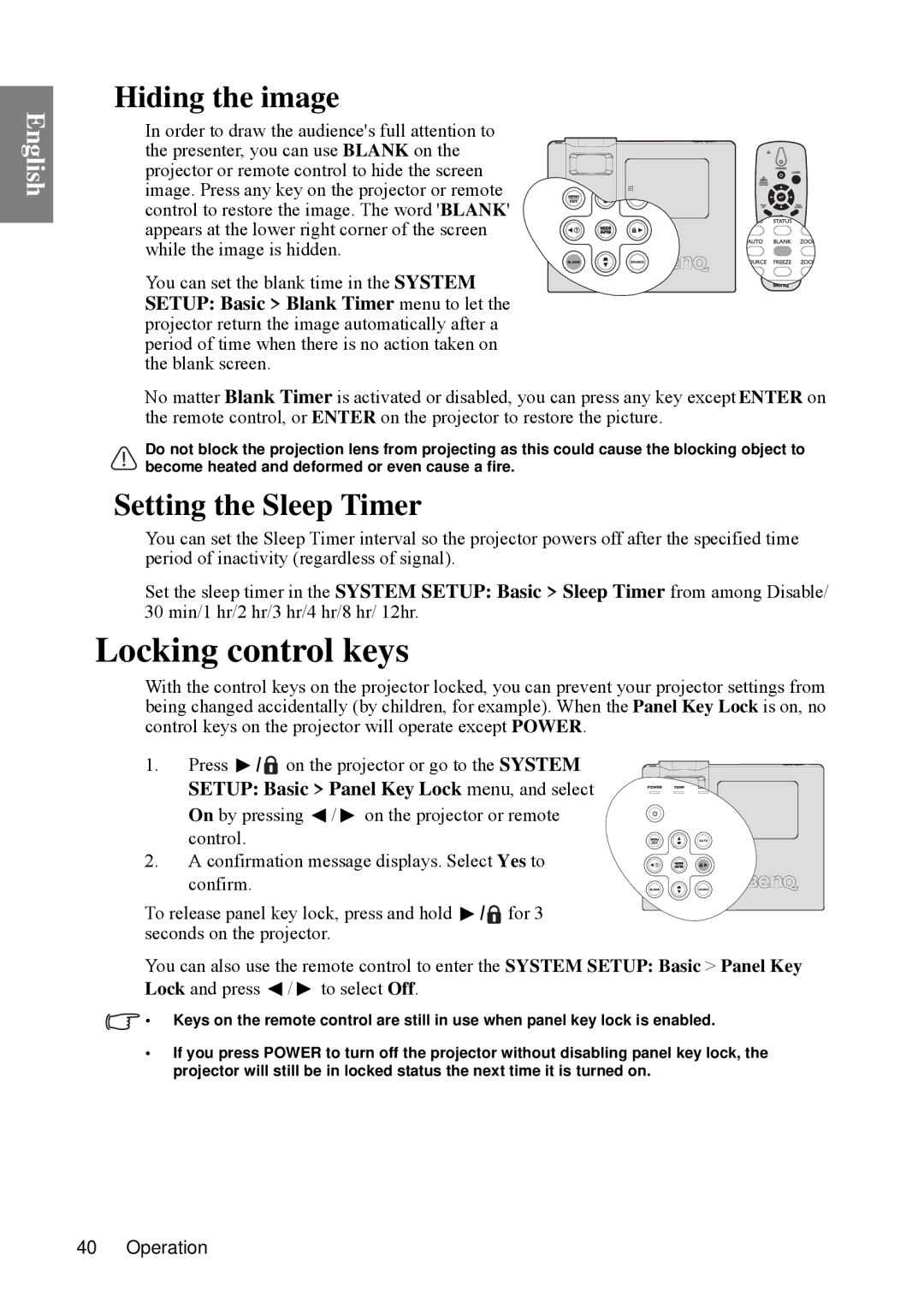 BenQ SP840 user manual Locking control keys, Hiding the image, Setting the Sleep Timer 