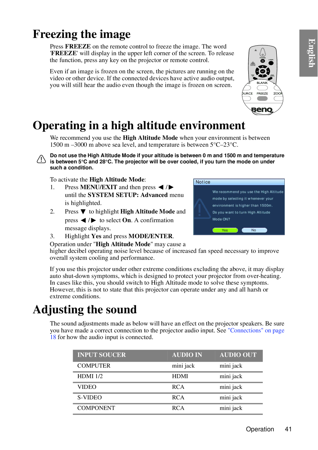 BenQ SP840 user manual Freezing the image, Operating in a high altitude environment, Adjusting the sound 