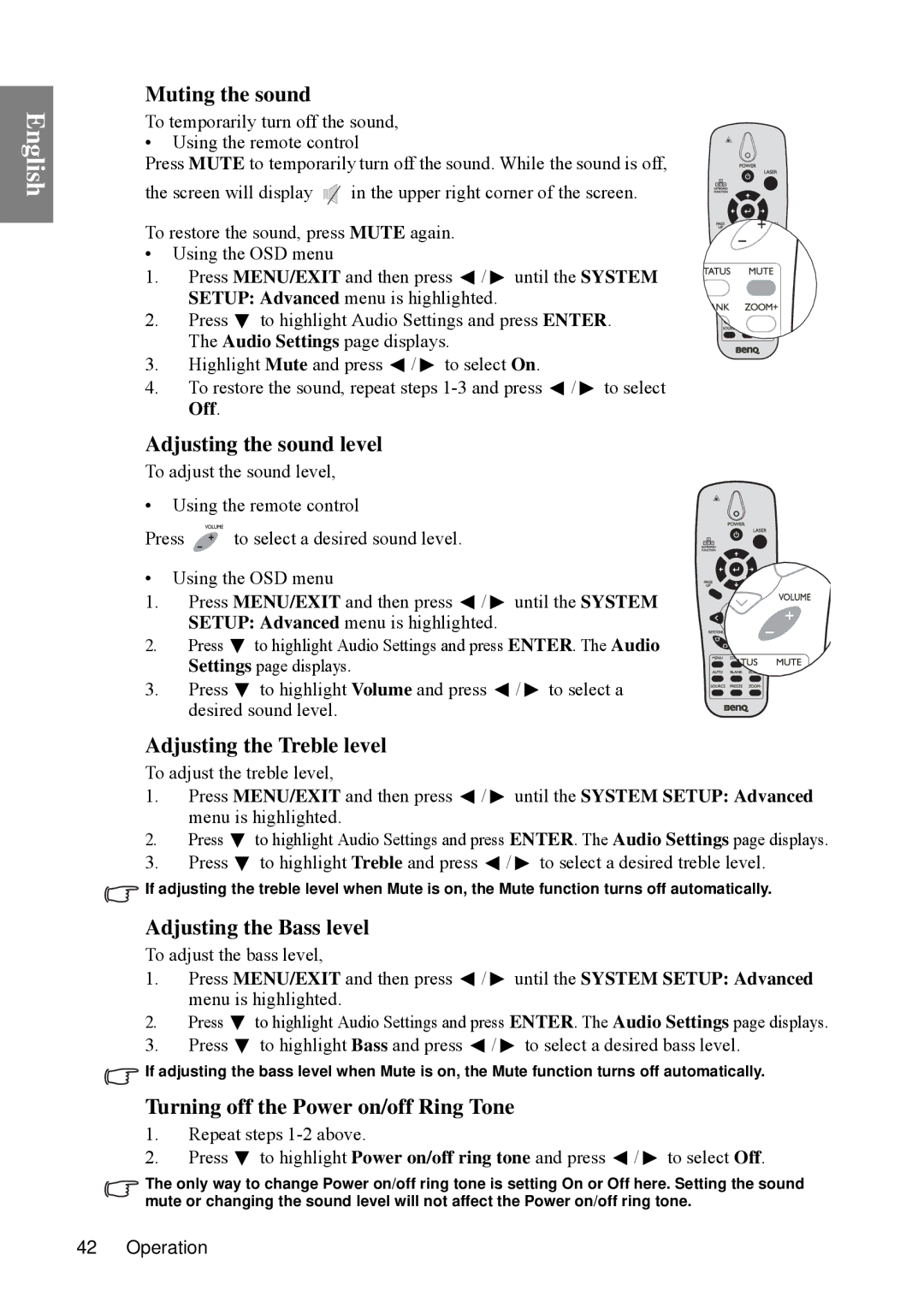 BenQ SP840 user manual Muting the sound, Adjusting the sound level, Adjusting the Treble level, Adjusting the Bass level 