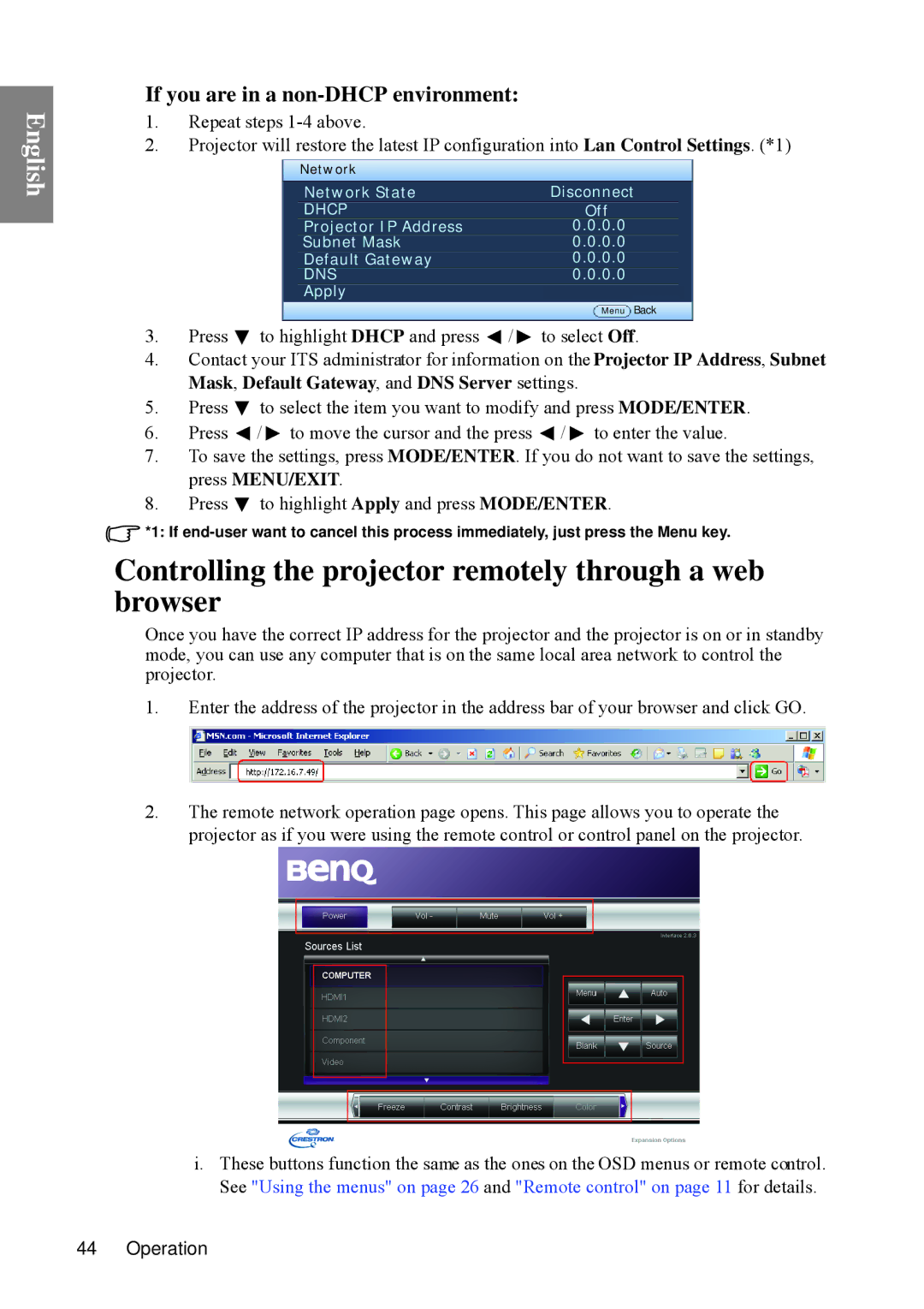 BenQ SP840 user manual Controlling the projector remotely through a web browser, If you are in a non-DHCP environment 