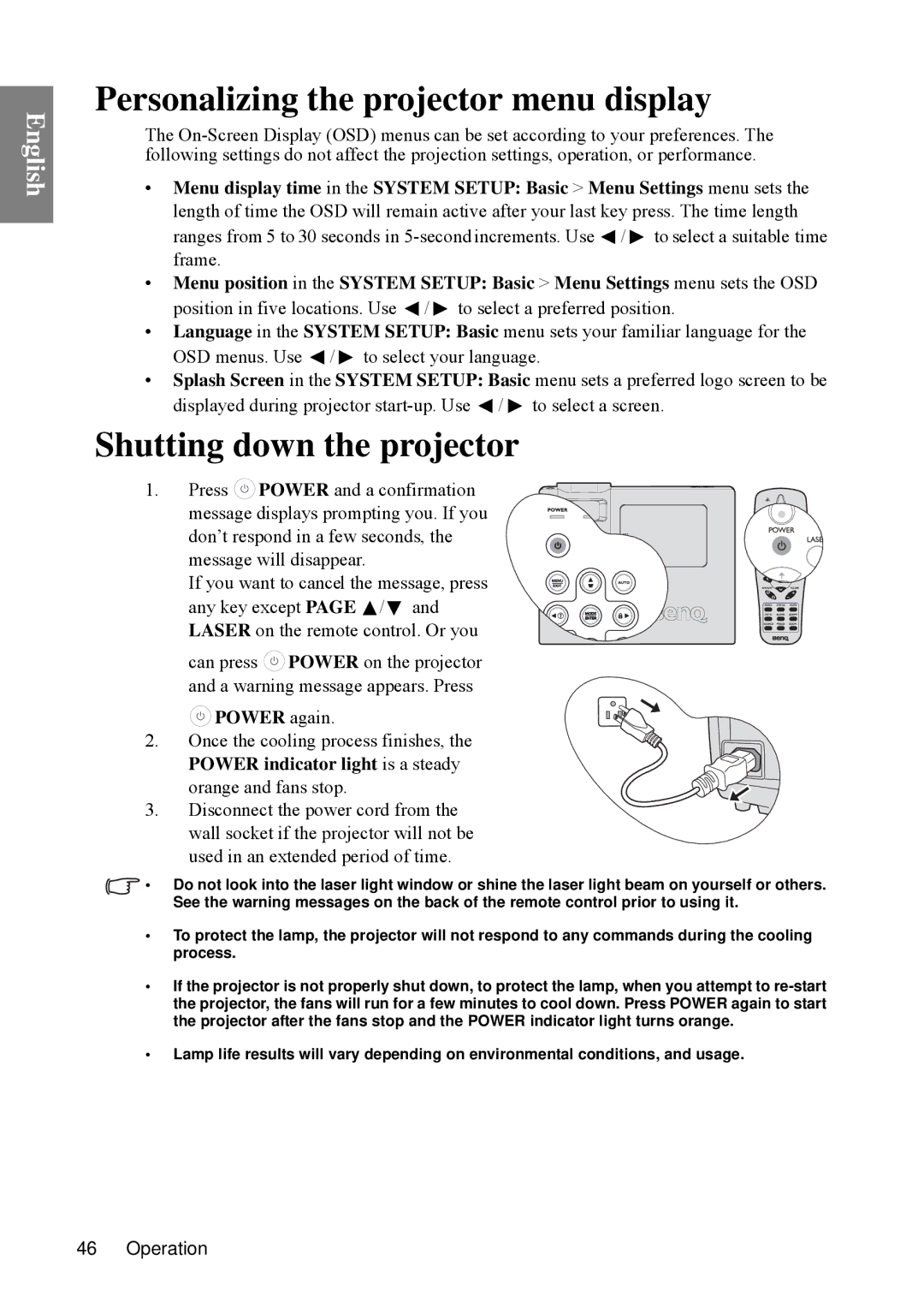 BenQ SP840 user manual Personalizing the projector menu display, Shutting down the projector 