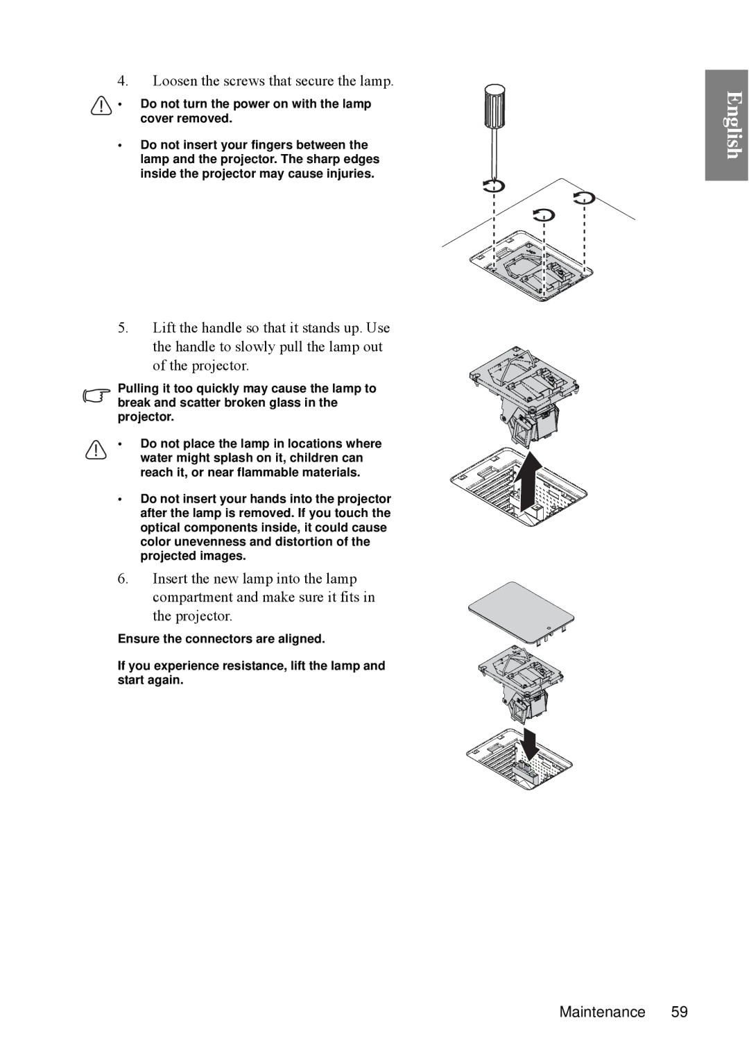 BenQ SP840 user manual Loosen the screws that secure the lamp 